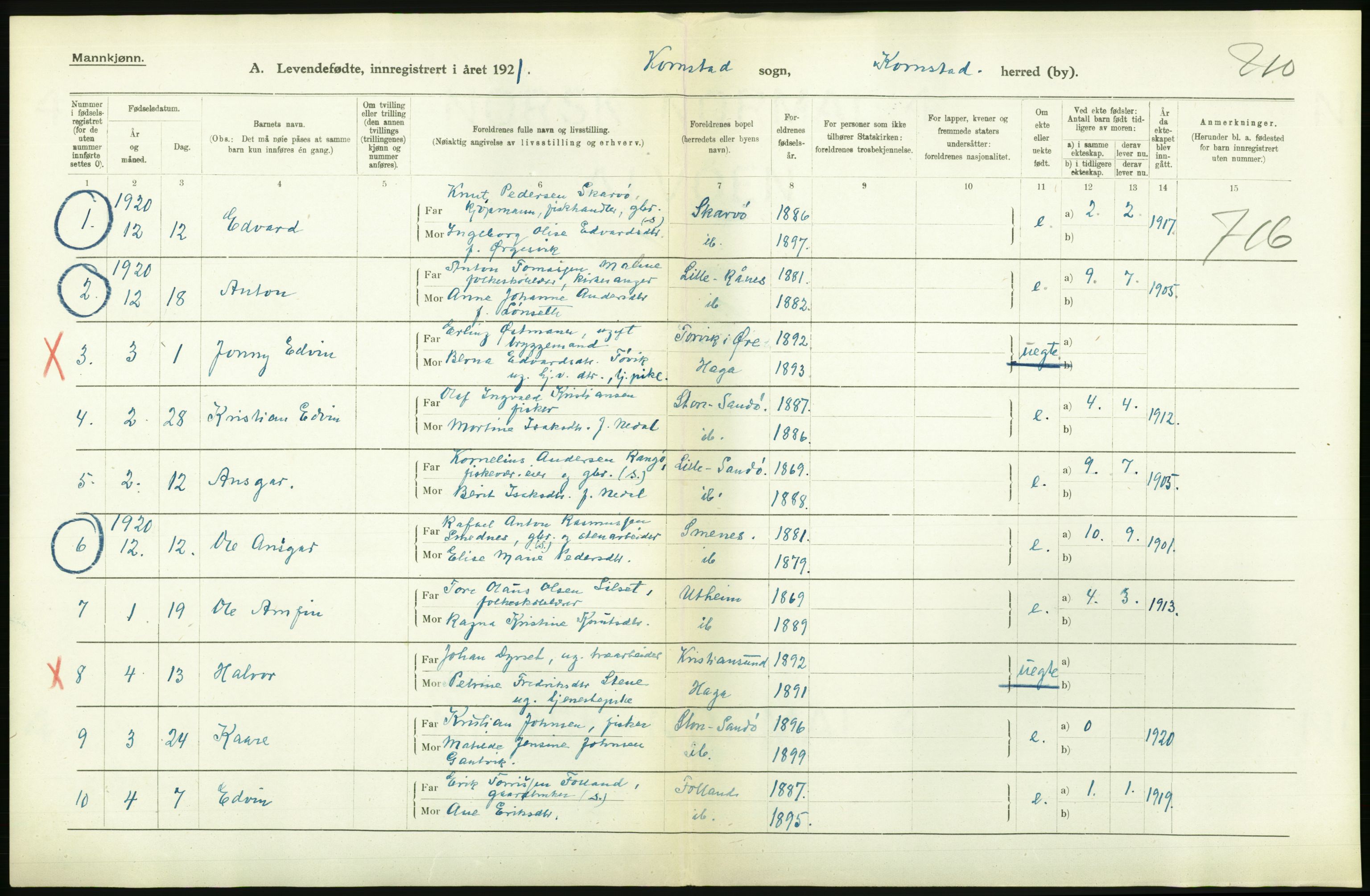 Statistisk sentralbyrå, Sosiodemografiske emner, Befolkning, RA/S-2228/D/Df/Dfc/Dfca/L0040: Møre fylke: Levendefødte menn og kvinner. Bygder., 1921, p. 544