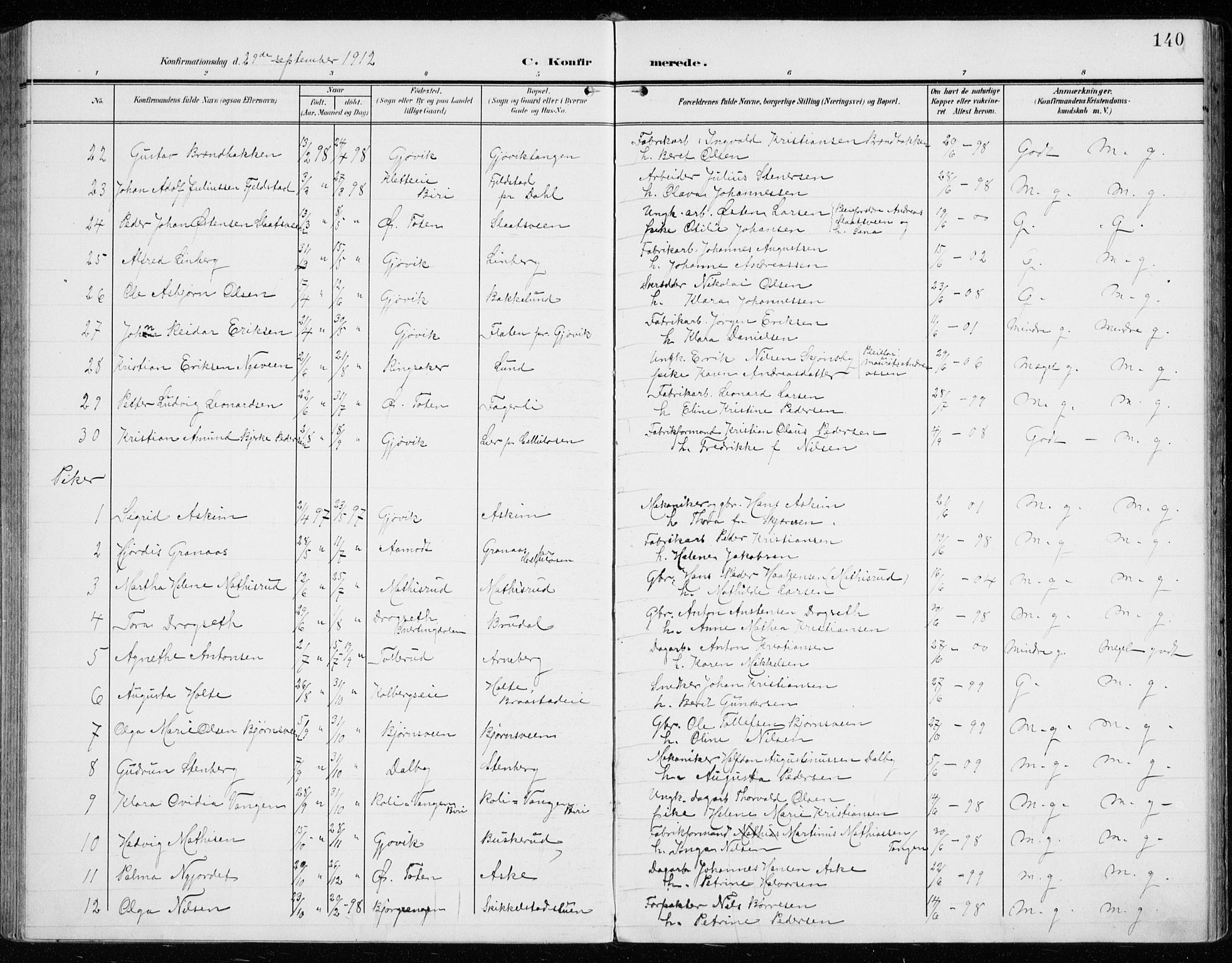 Vardal prestekontor, AV/SAH-PREST-100/H/Ha/Haa/L0016: Parish register (official) no. 16, 1904-1916, p. 140