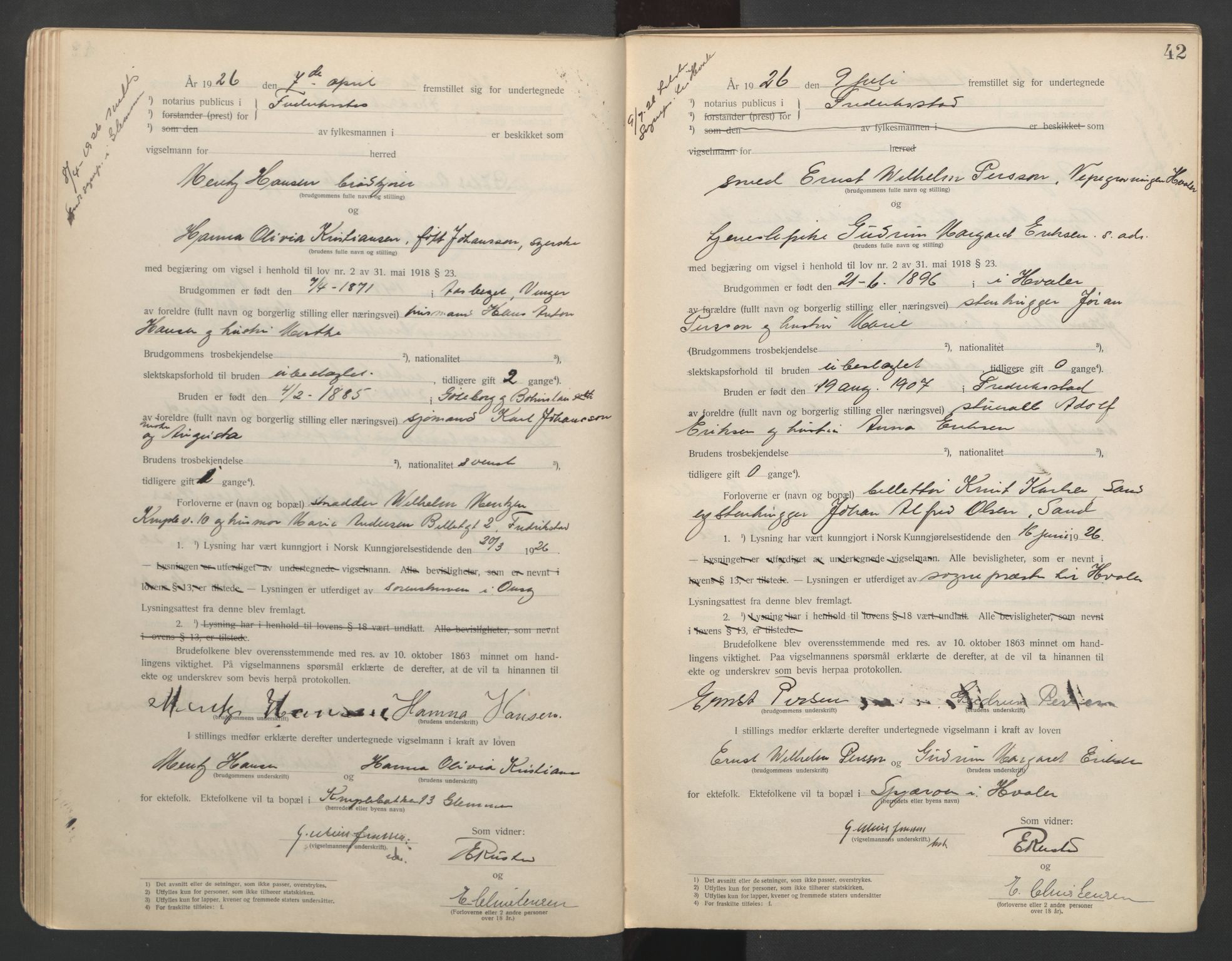 Fredrikstad byfogd, AV/SAO-A-10473a/L/Lc/L0001: Vigselsbok, 1920-1937, p. 42