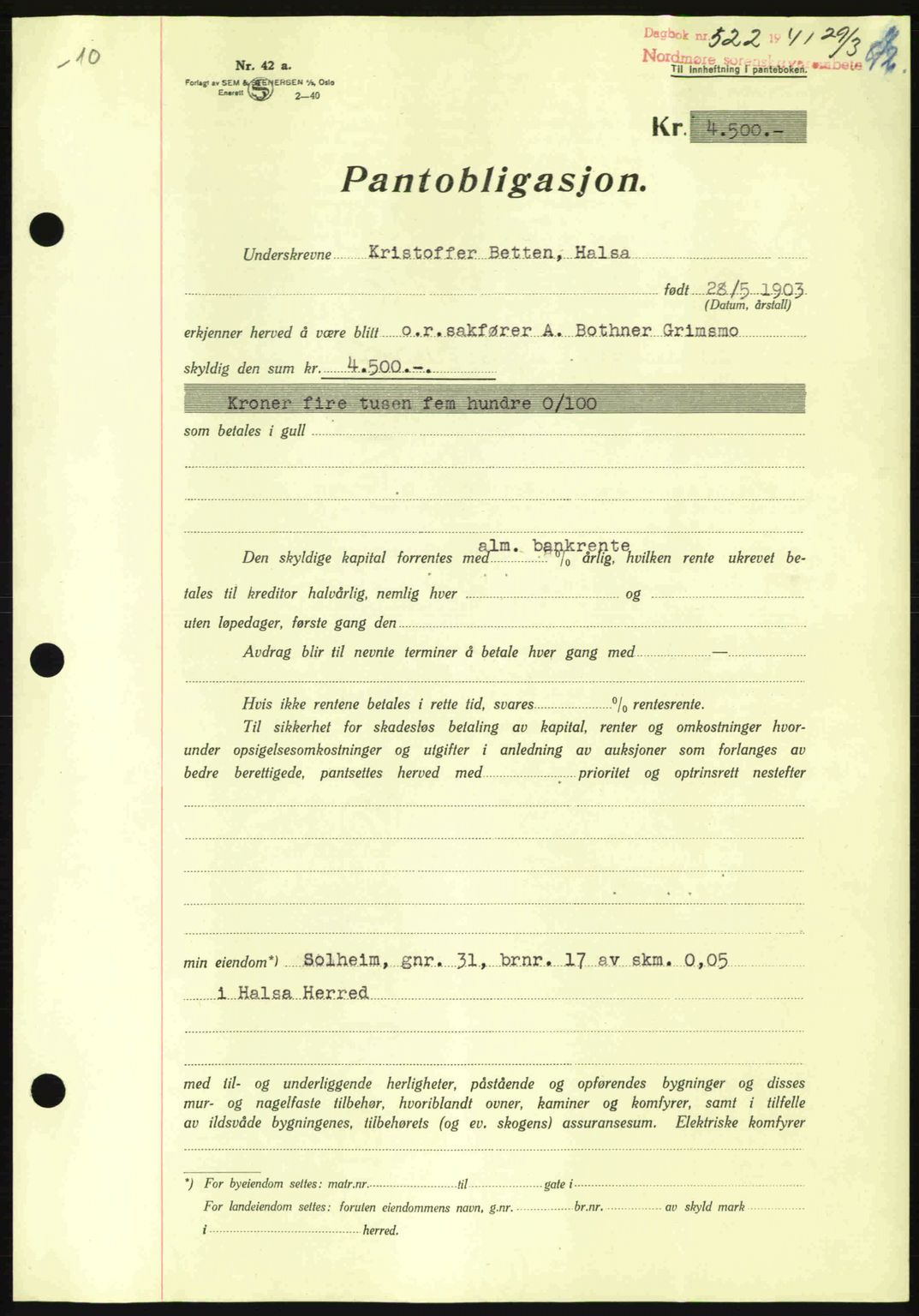 Nordmøre sorenskriveri, AV/SAT-A-4132/1/2/2Ca: Mortgage book no. B87, 1940-1941, Diary no: : 522/1941