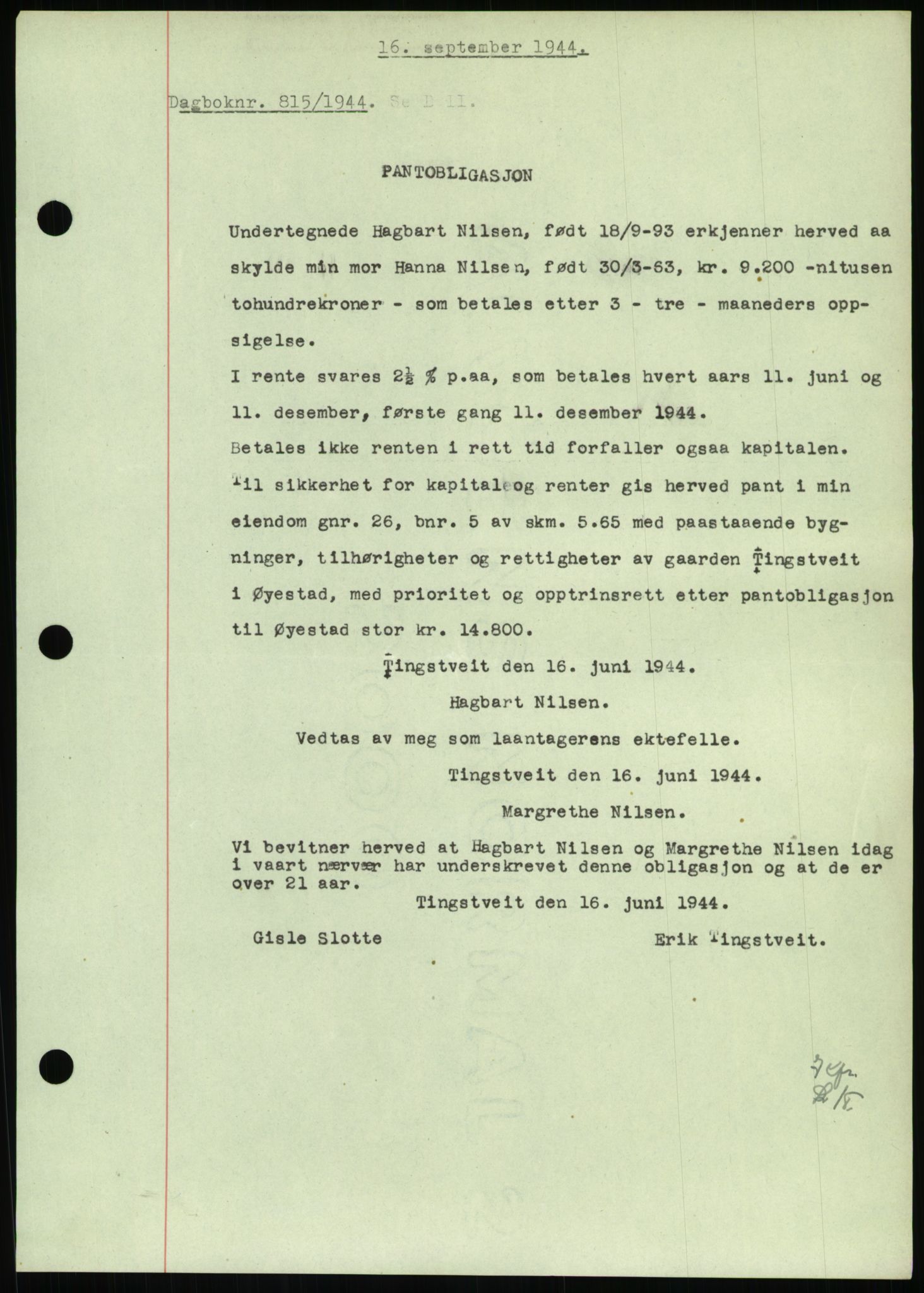 Nedenes sorenskriveri, SAK/1221-0006/G/Gb/Gbb/L0002: Mortgage book no. II, 1942-1945, Diary no: : 815/1944