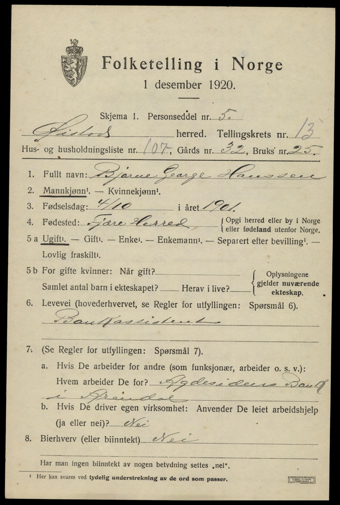 SAK, 1920 census for Øyestad, 1920, p. 9250