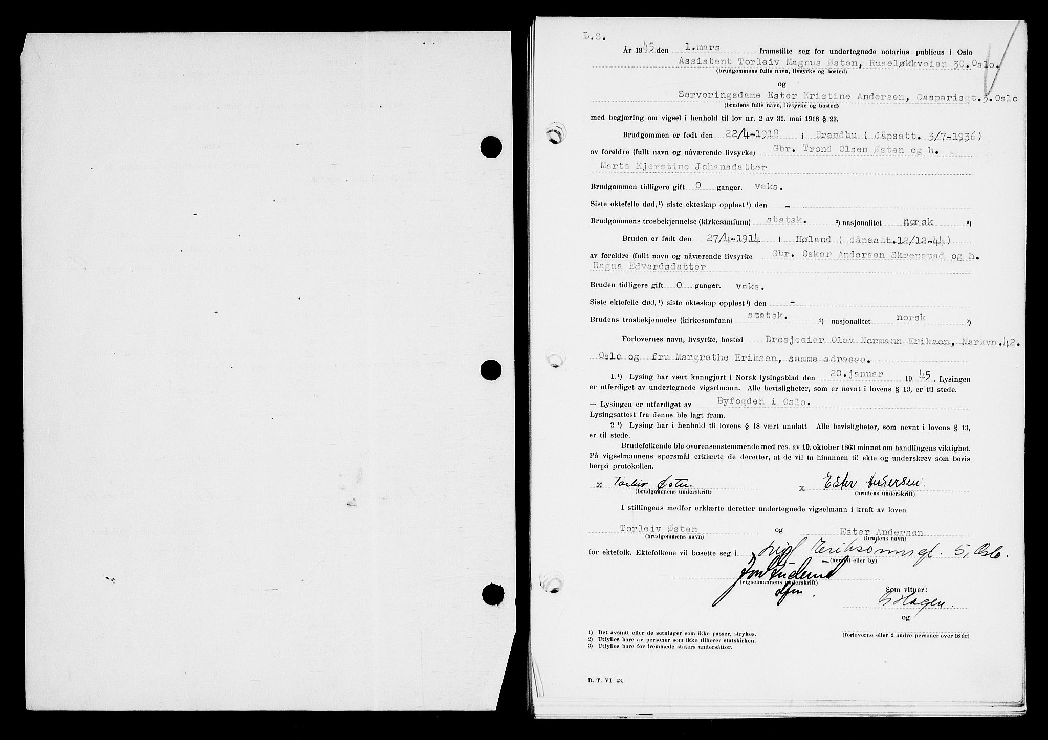 Oslo byfogd avd. I, AV/SAO-A-10220/L/Lb/Lbb/L0053: Notarialprotokoll, rekke II: Vigsler, 1945