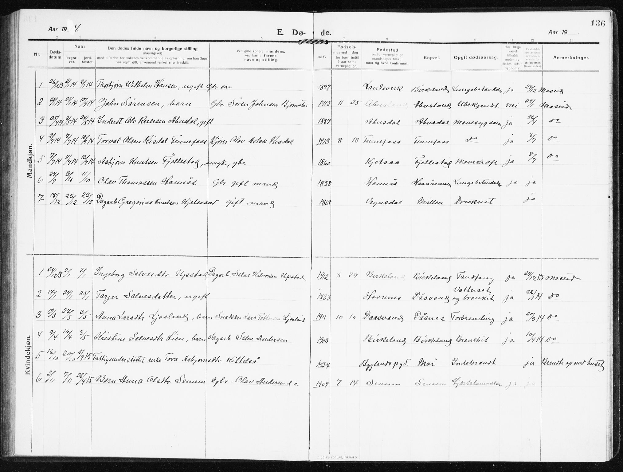 Evje sokneprestkontor, SAK/1111-0008/F/Fb/Fbb/L0003: Parish register (copy) no. B 3, 1910-1933, p. 136