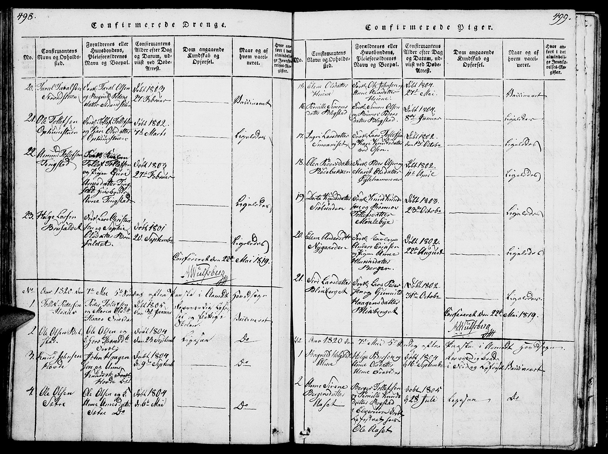 Åmot prestekontor, Hedmark, SAH/PREST-056/H/Ha/Hab/L0001: Parish register (copy) no. 1, 1815-1847, p. 498-499