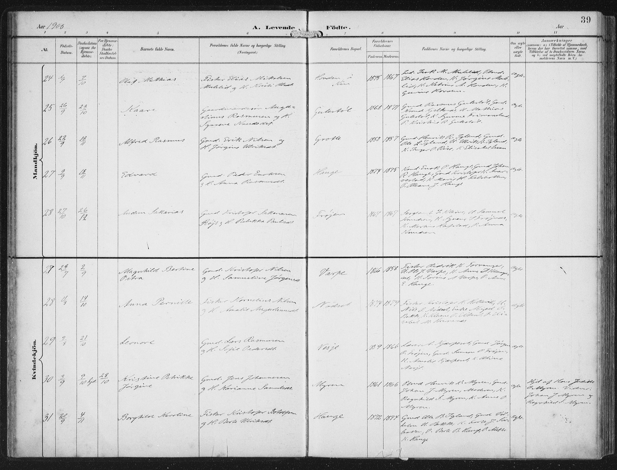 Bremanger sokneprestembete, AV/SAB-A-82201/H/Haa/Haab/L0002: Parish register (official) no. B  2, 1896-1908, p. 39