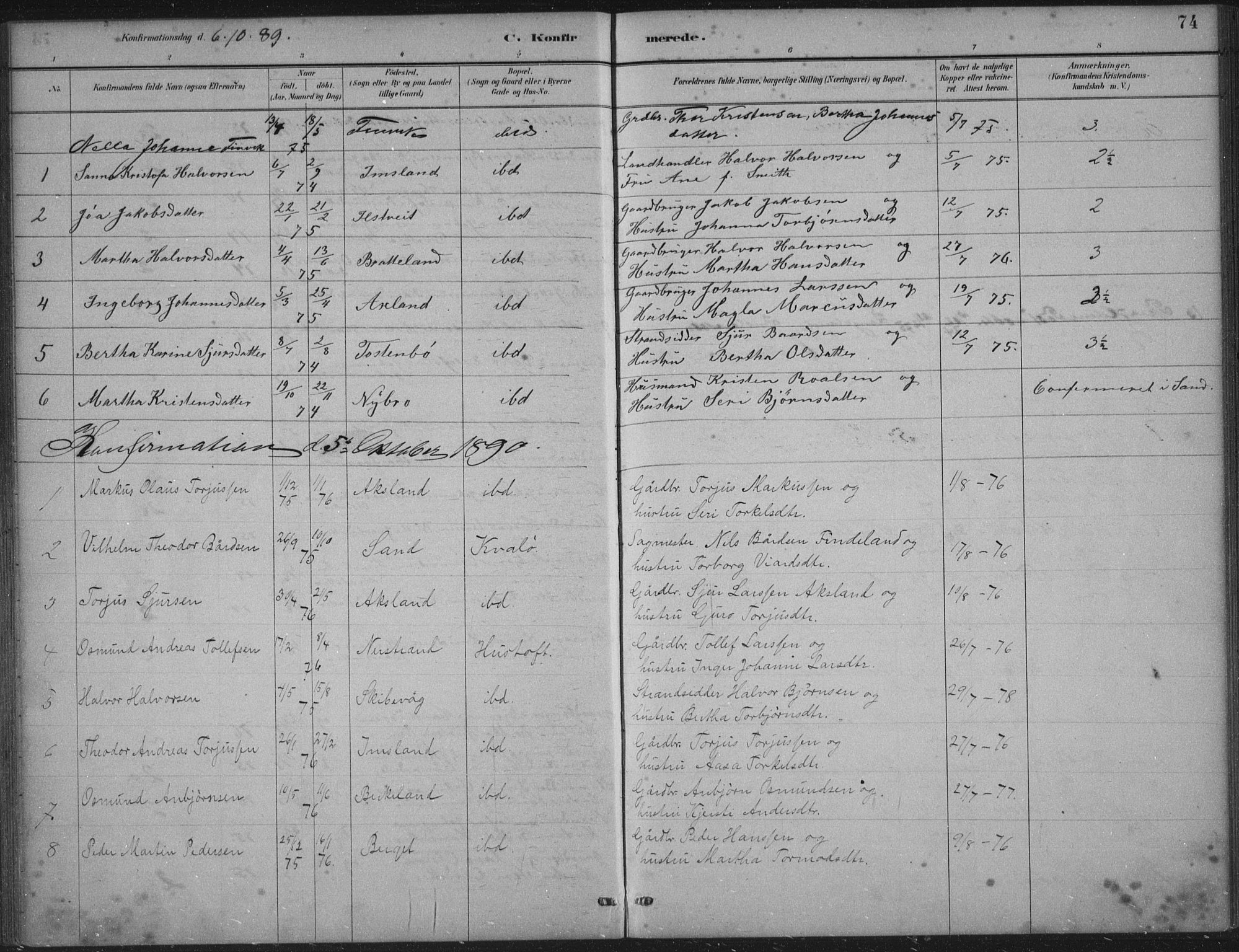 Vikedal sokneprestkontor, AV/SAST-A-101840/01/IV: Parish register (official) no. A 12, 1886-1929, p. 74