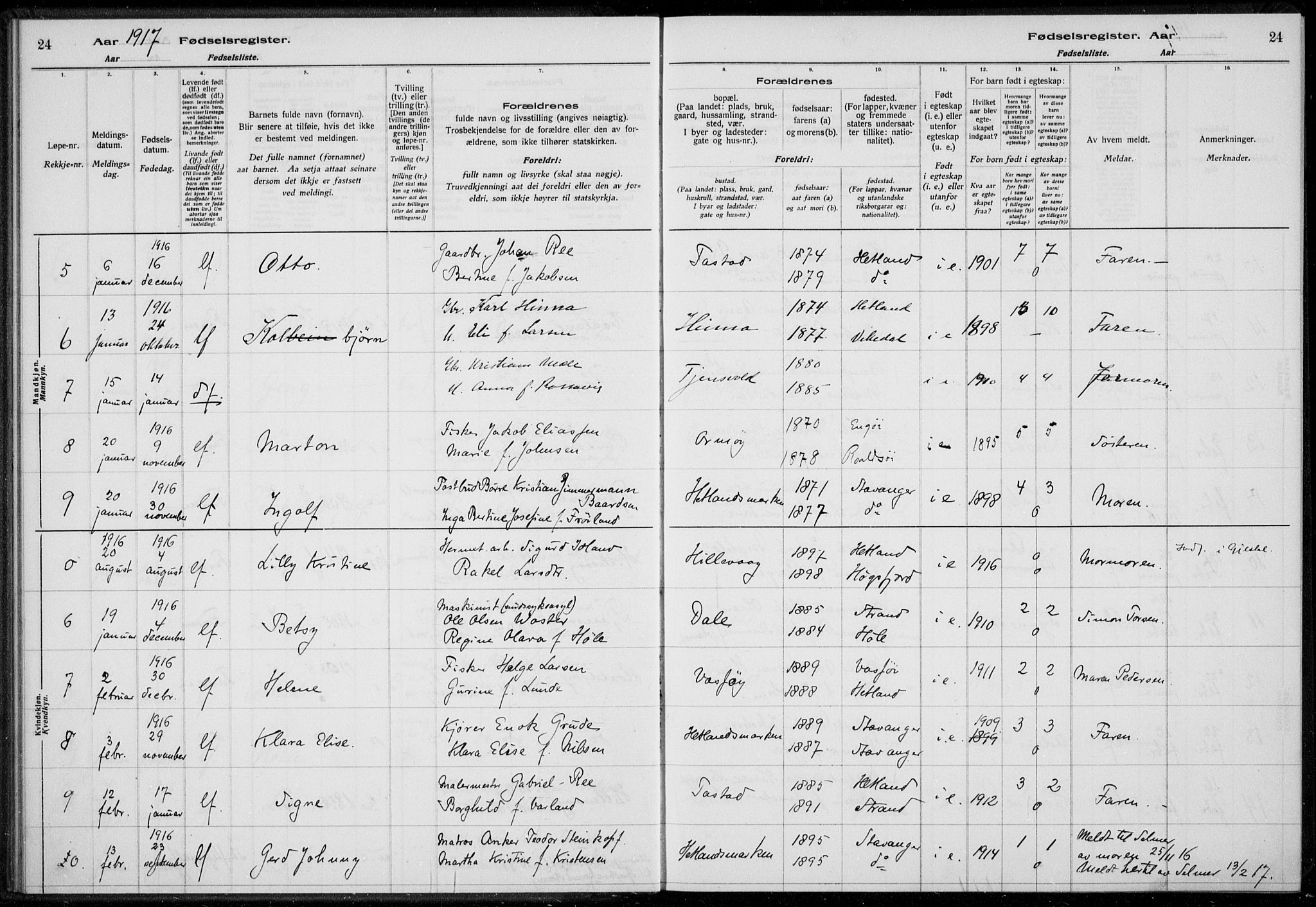 Hetland sokneprestkontor, SAST/A-101826/70/704BA/L0003: Birth register no. 1, 1916-1923, p. 24