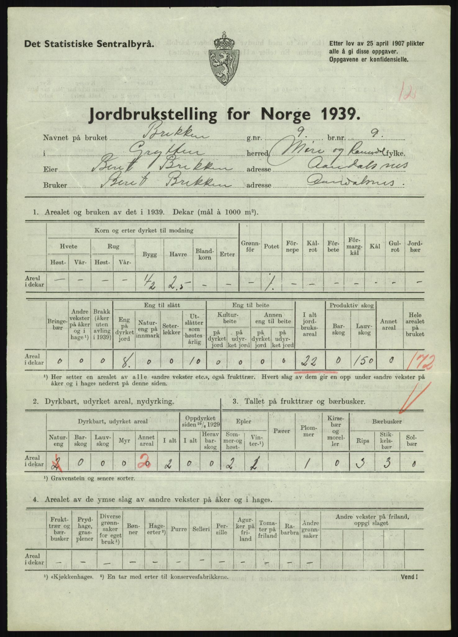 Statistisk sentralbyrå, Næringsøkonomiske emner, Jordbruk, skogbruk, jakt, fiske og fangst, AV/RA-S-2234/G/Gb/L0251: Møre og Romsdal: Voll, Eid, Grytten og Hen, 1939, p. 633