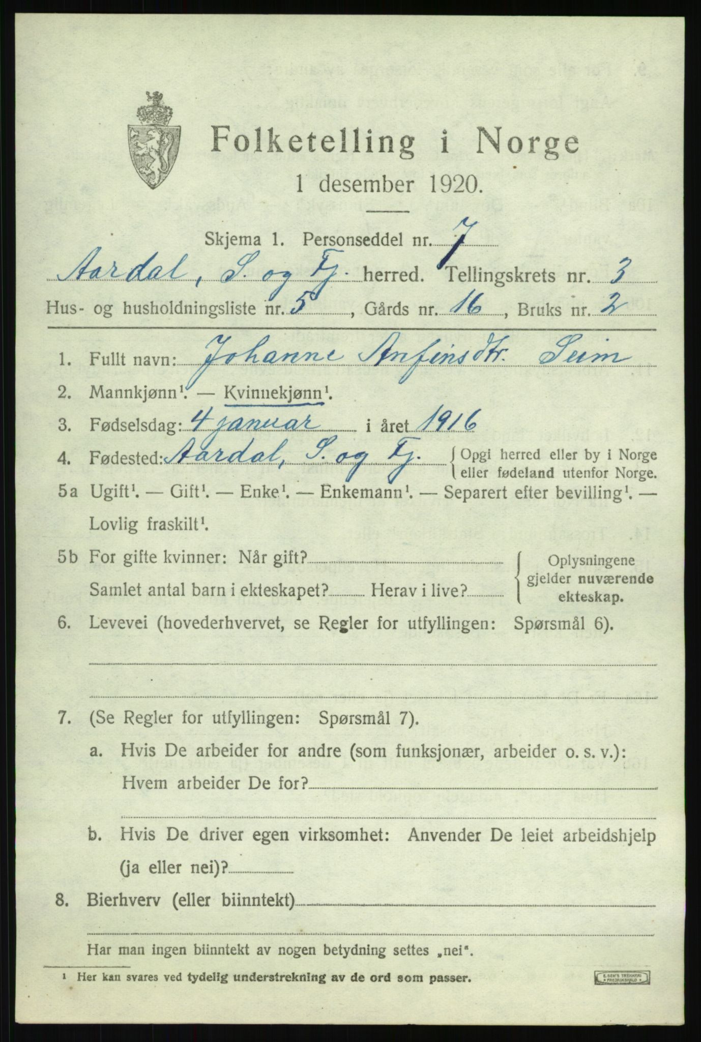 SAB, 1920 census for Årdal, 1920, p. 1591