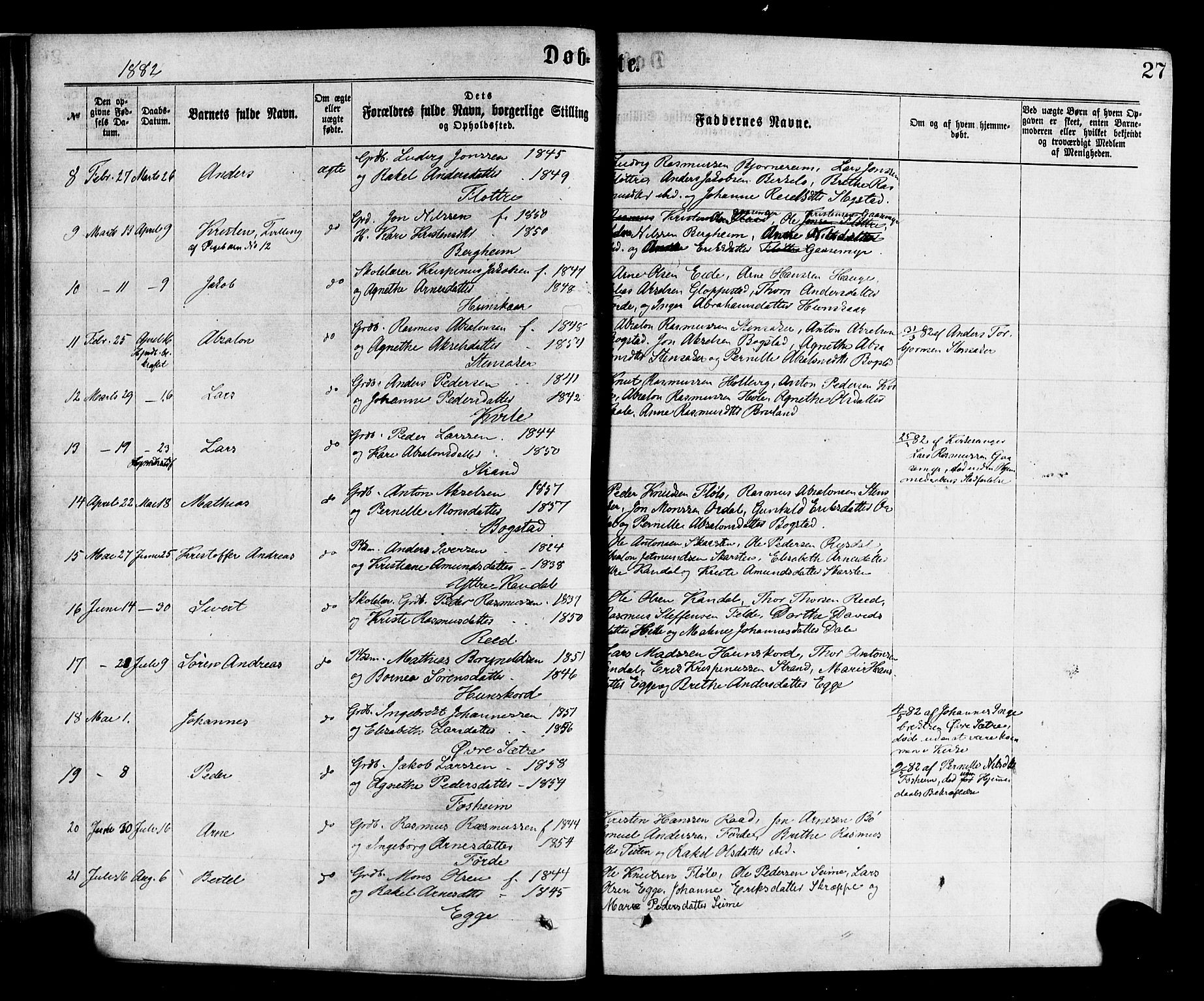 Gloppen sokneprestembete, AV/SAB-A-80101/H/Haa/Haac/L0001: Parish register (official) no. C 1, 1871-1886, p. 27