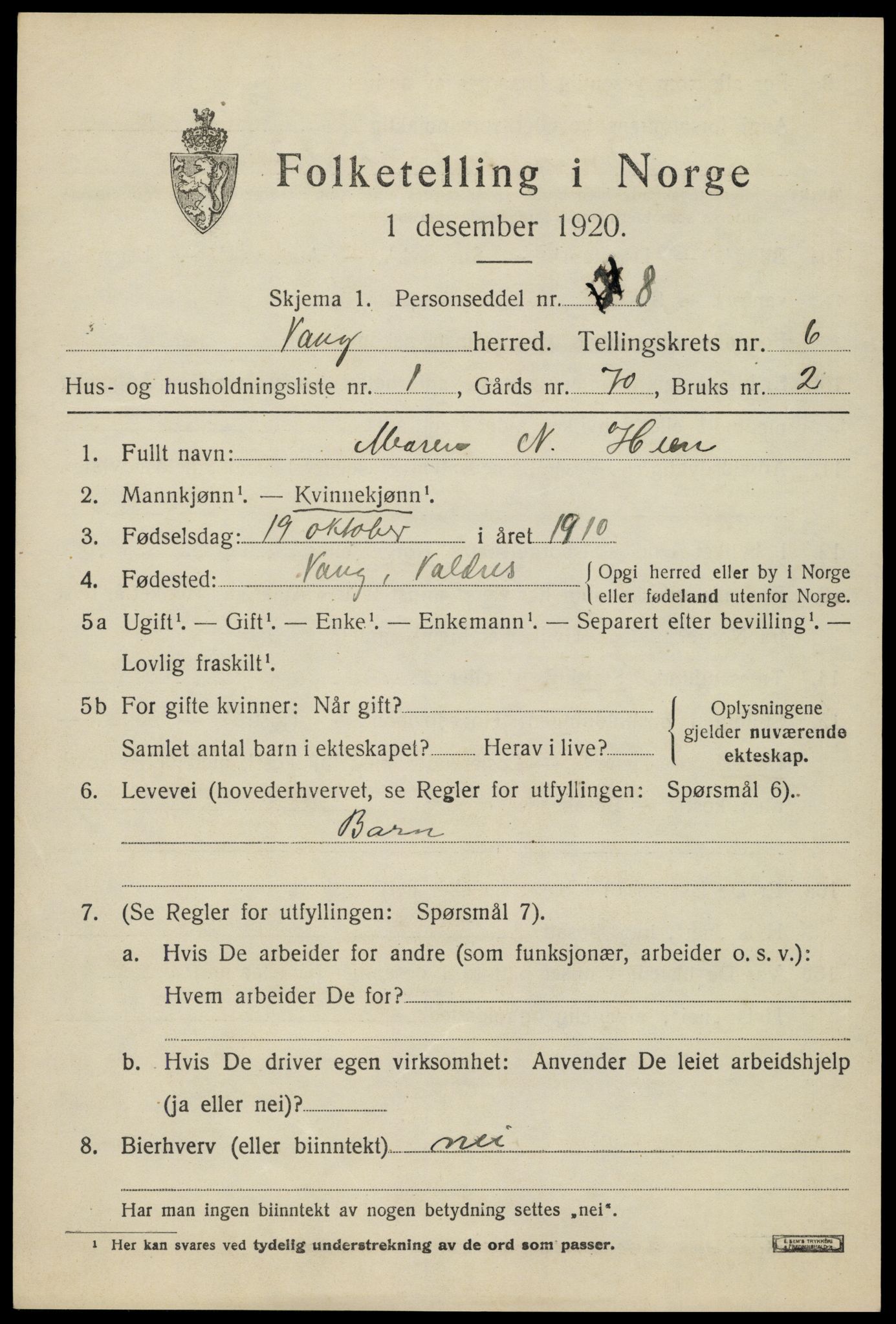 SAH, 1920 census for Vang (Oppland), 1920, p. 2643