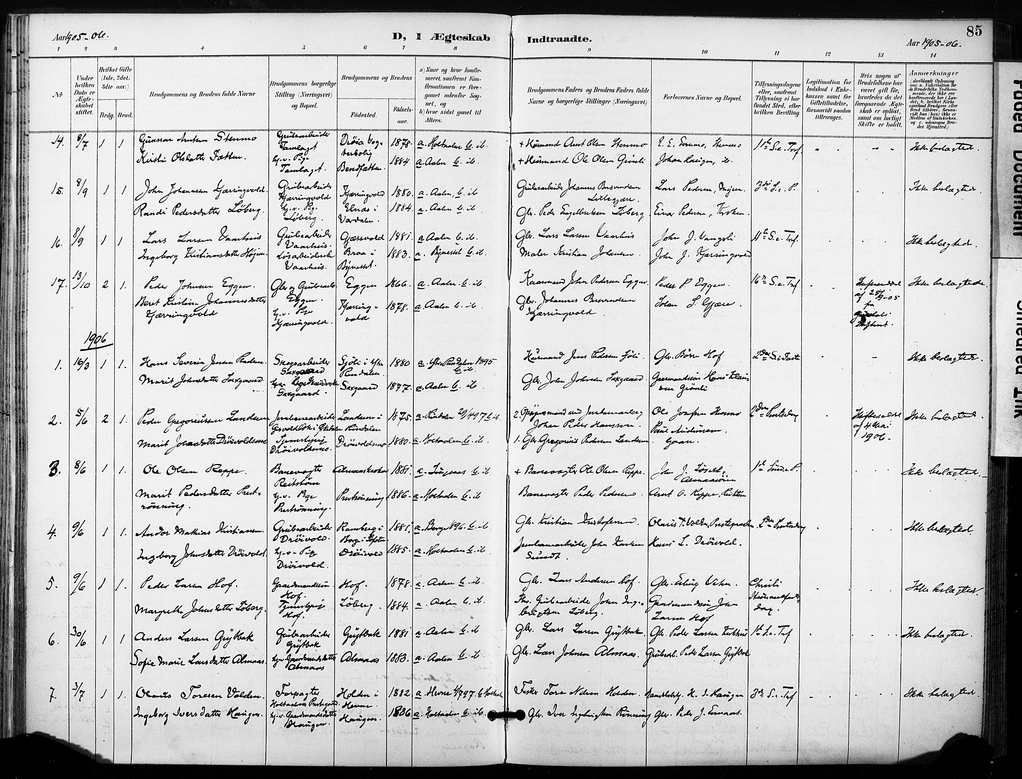 Ministerialprotokoller, klokkerbøker og fødselsregistre - Sør-Trøndelag, SAT/A-1456/685/L0973: Parish register (official) no. 685A10, 1891-1907, p. 85