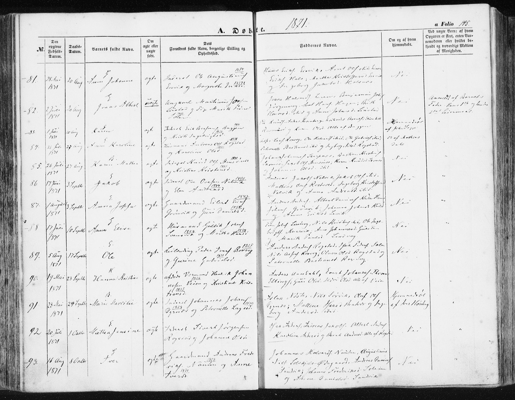 Ministerialprotokoller, klokkerbøker og fødselsregistre - Møre og Romsdal, AV/SAT-A-1454/581/L0937: Parish register (official) no. 581A05, 1853-1872, p. 145