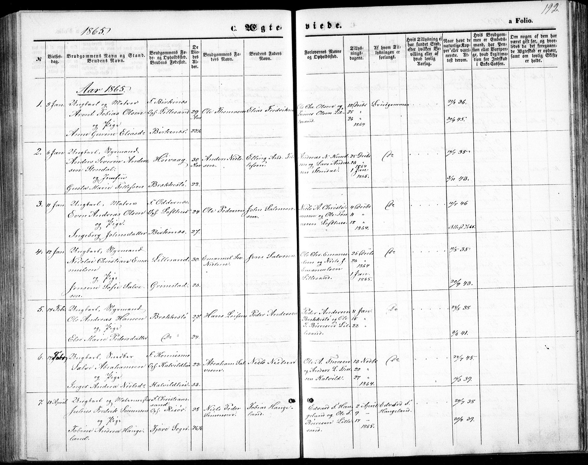 Vestre Moland sokneprestkontor, SAK/1111-0046/F/Fb/Fbb/L0004: Parish register (copy) no. B 4, 1861-1872, p. 192