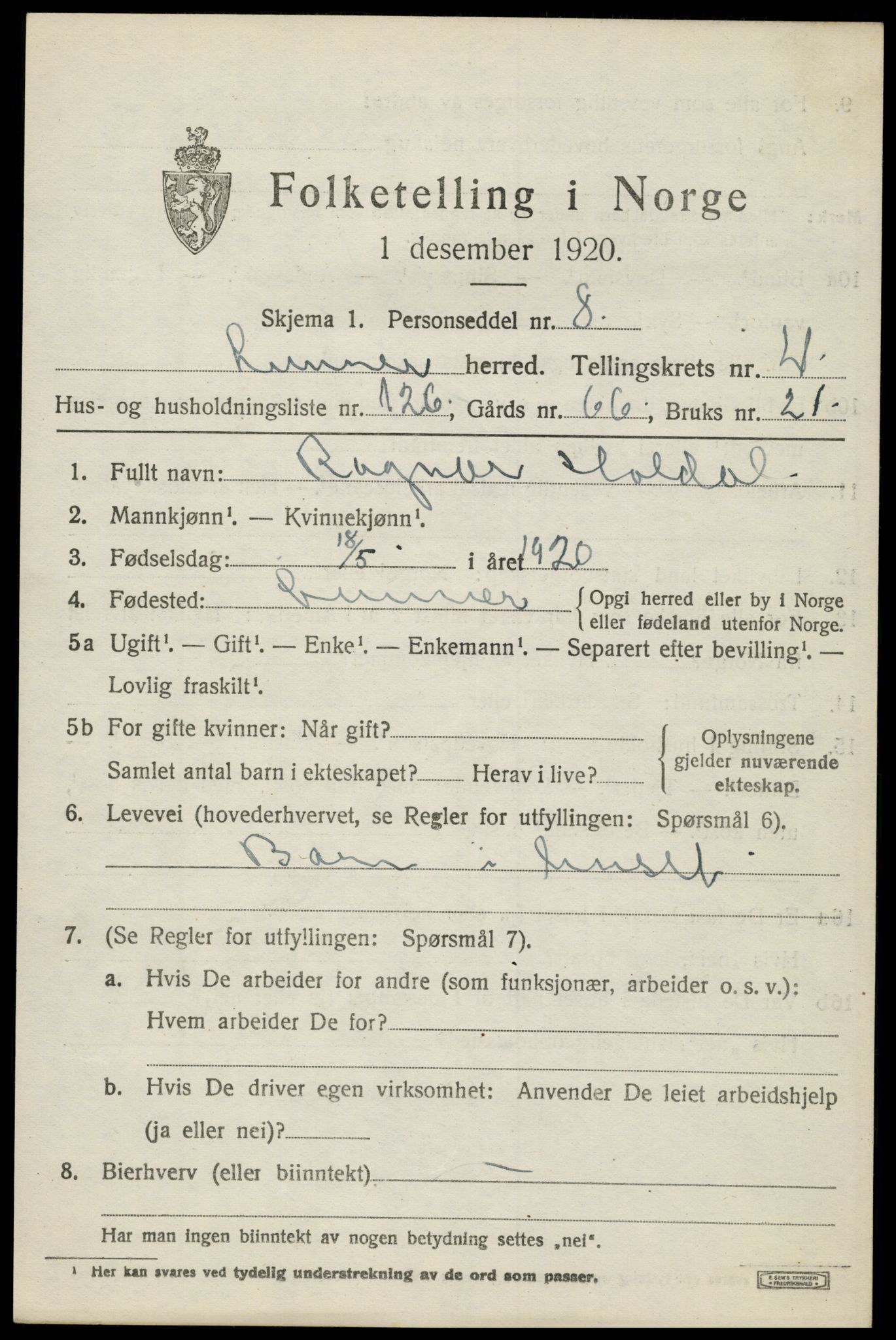 SAH, 1920 census for Lunner, 1920, p. 6737