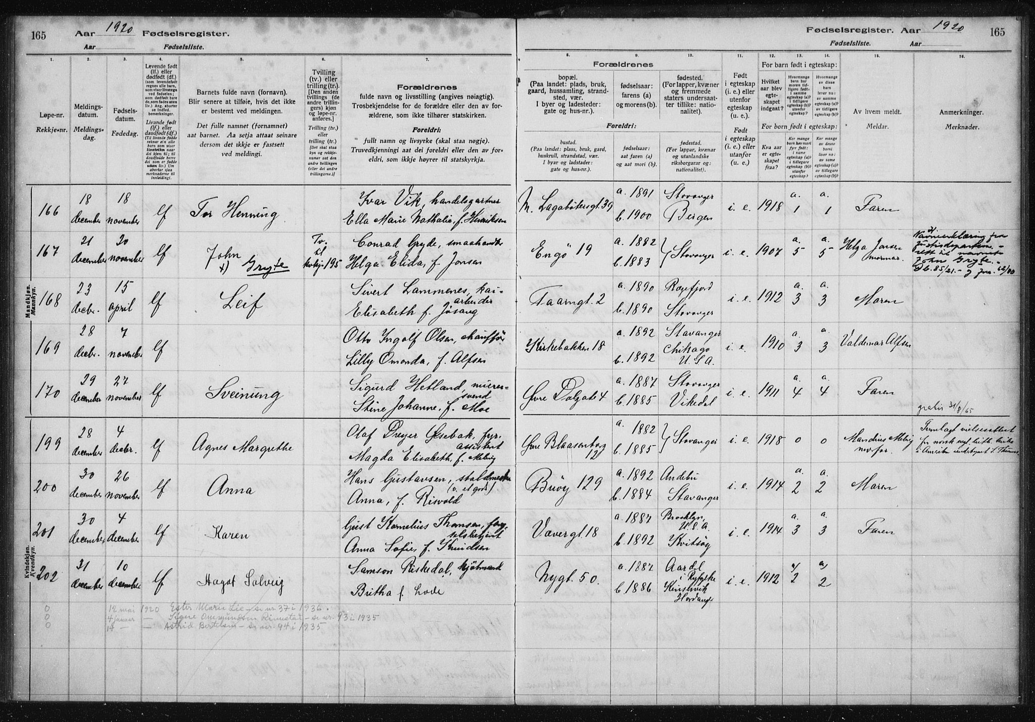 St. Petri sokneprestkontor, AV/SAST-A-101813/002/A/L0001: Birth register no. 1, 1916-1922, p. 165