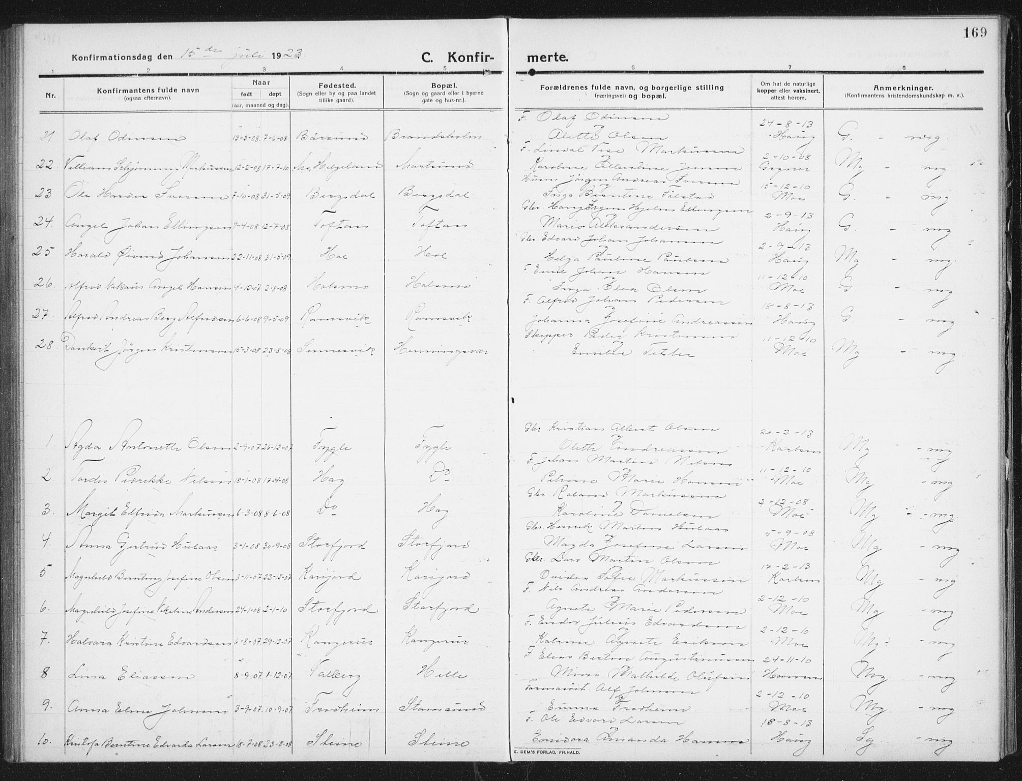 Ministerialprotokoller, klokkerbøker og fødselsregistre - Nordland, AV/SAT-A-1459/882/L1183: Parish register (copy) no. 882C01, 1911-1938, p. 169