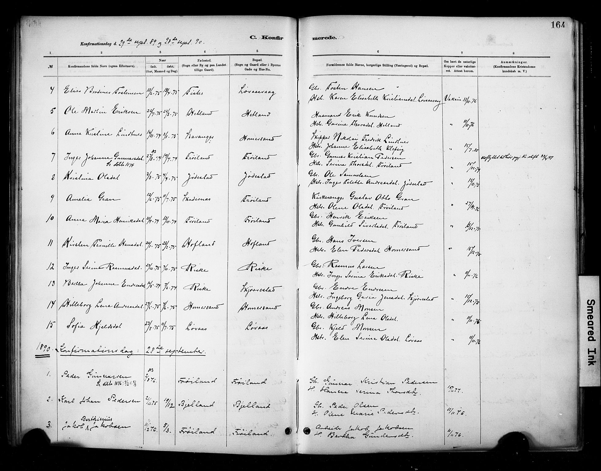 Hetland sokneprestkontor, SAST/A-101826/30/30BA/L0010: Parish register (official) no. A 10, 1882-1925, p. 164