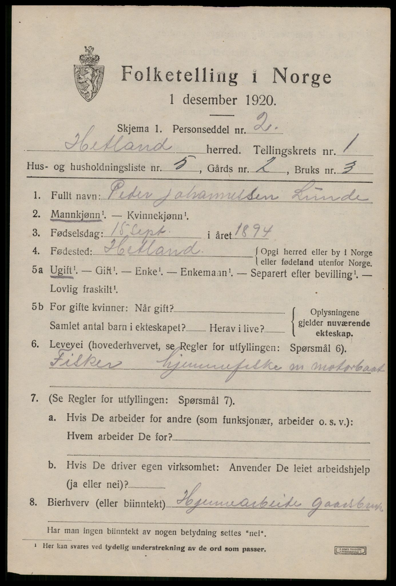SAST, 1920 census for Hetland, 1920, p. 3613