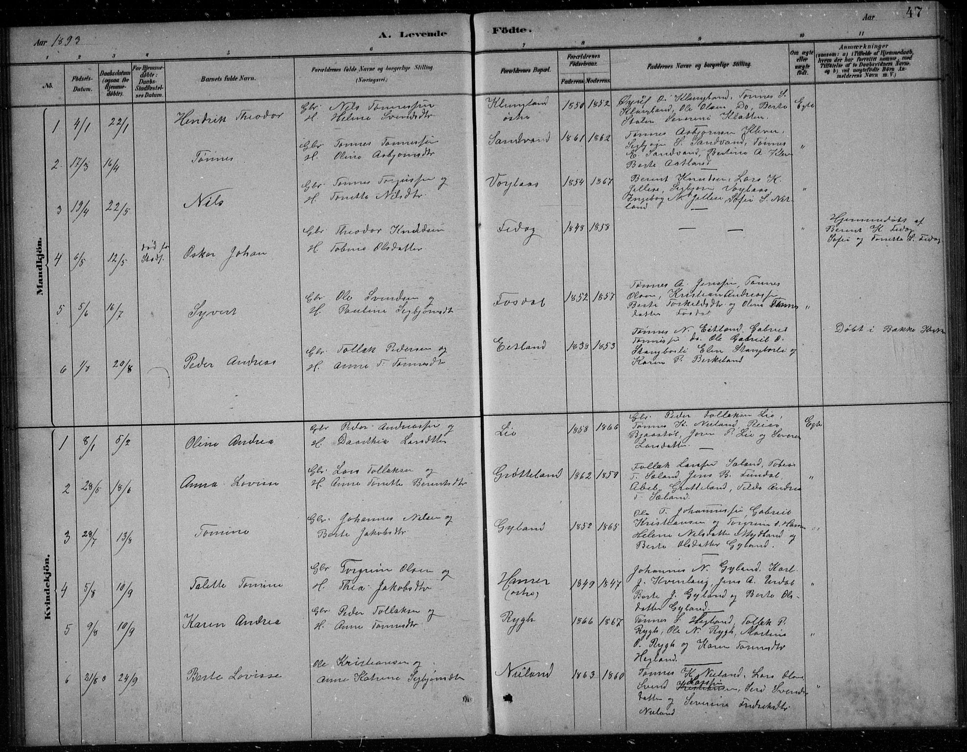 Bakke sokneprestkontor, SAK/1111-0002/F/Fb/Fbb/L0003: Parish register (copy) no. B 3, 1878-1896, p. 47