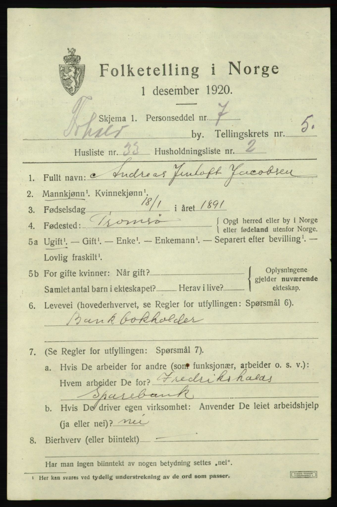 SAO, 1920 census for Fredrikshald, 1920, p. 12795