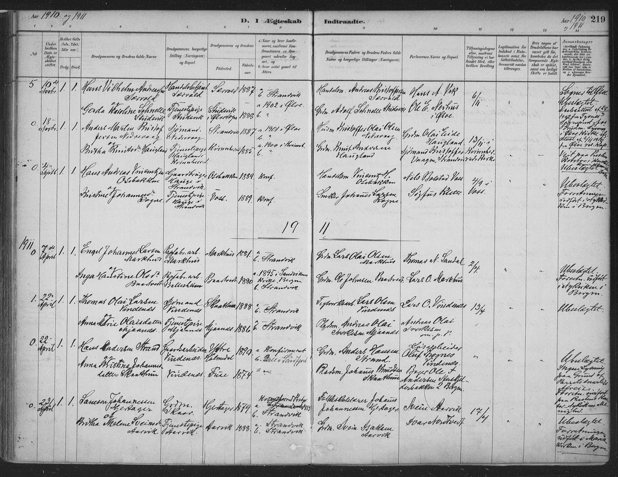 Fusa sokneprestembete, SAB/A-75401/H/Haa: Parish register (official) no. D 1, 1880-1938, p. 219