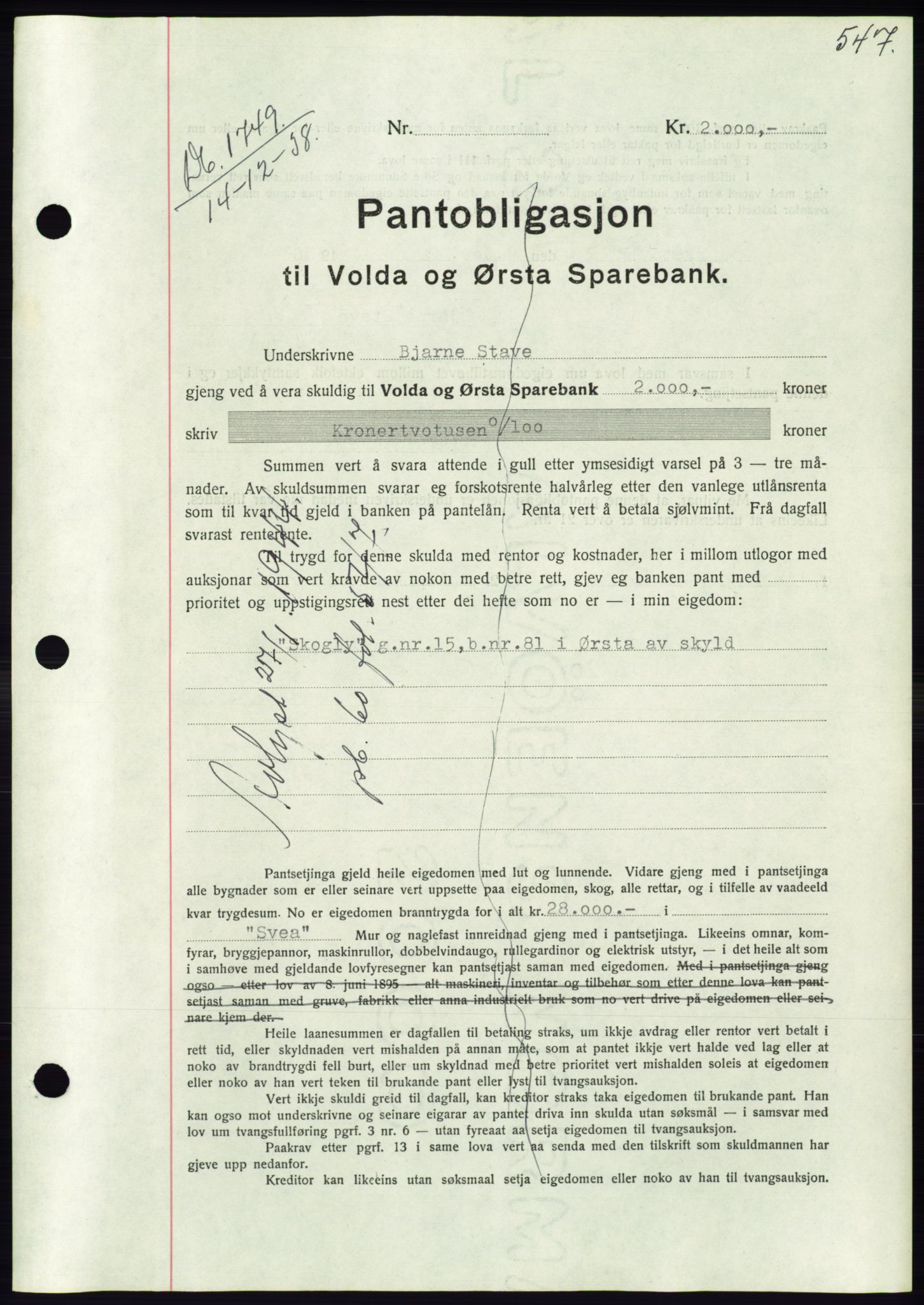 Søre Sunnmøre sorenskriveri, AV/SAT-A-4122/1/2/2C/L0066: Mortgage book no. 60, 1938-1938, Diary no: : 1749/1938