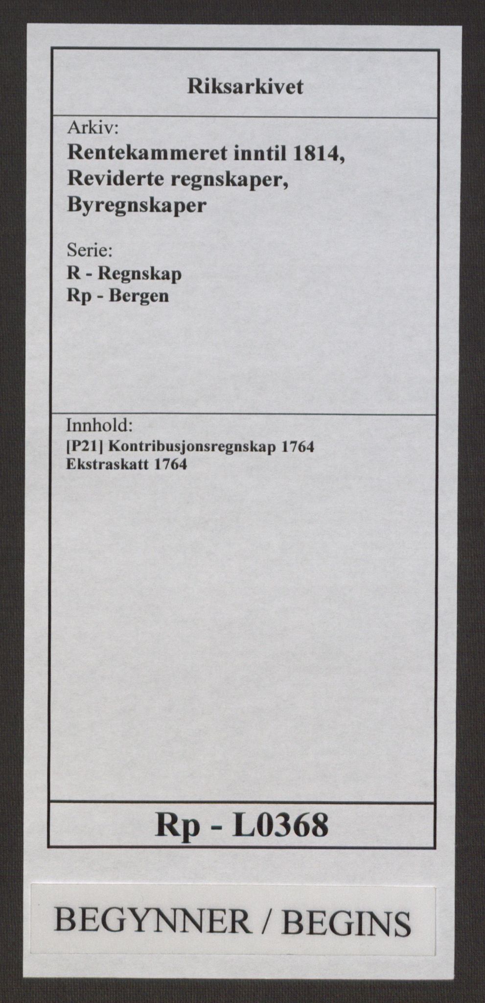 Rentekammeret inntil 1814, Reviderte regnskaper, Byregnskaper, AV/RA-EA-4066/R/Rp/L0368/0001: [P21] Kontribusjonsregnskap / Ekstraskatt, 1764, p. 1