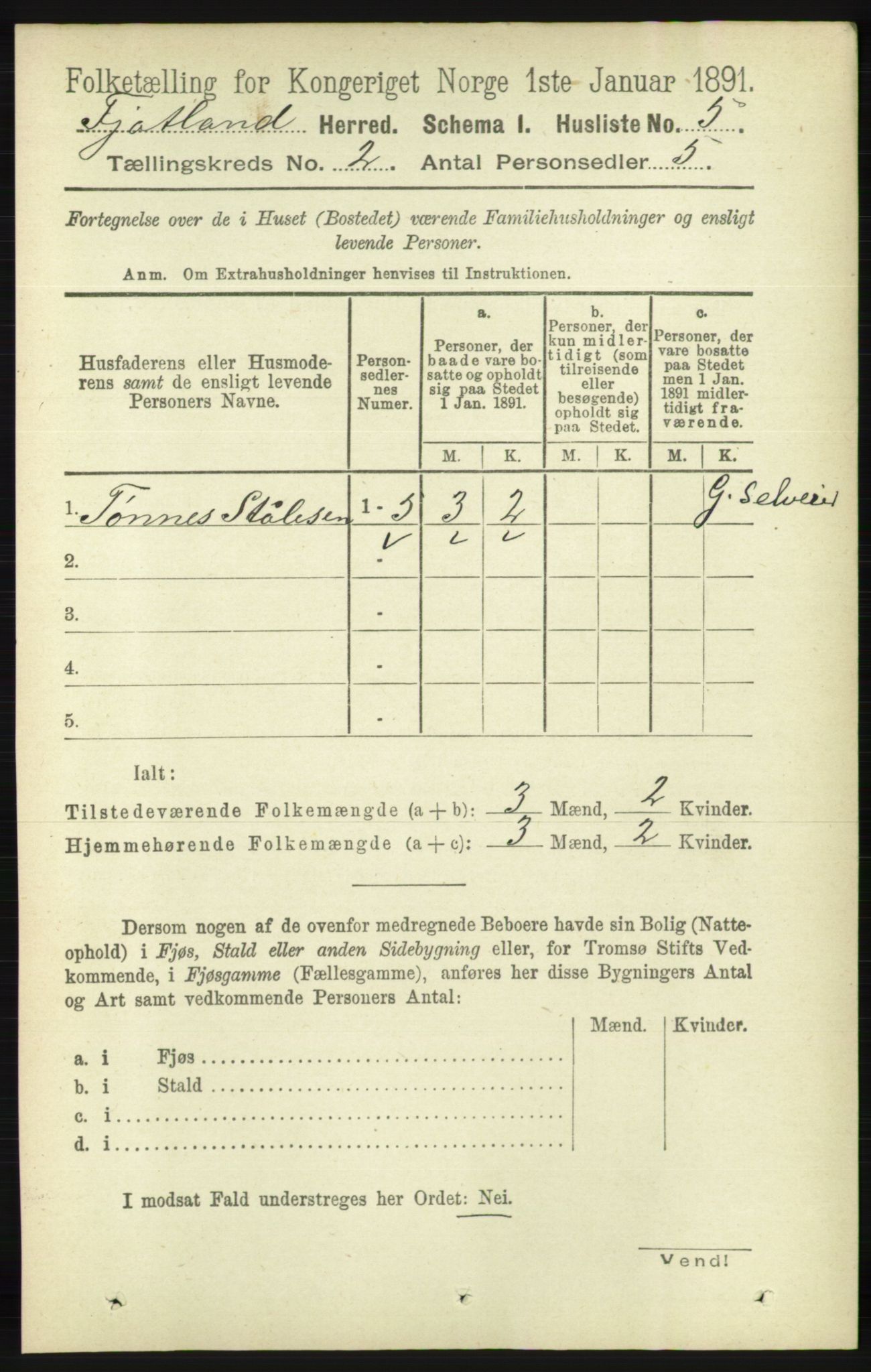 RA, 1891 census for 1036 Fjotland, 1891, p. 215