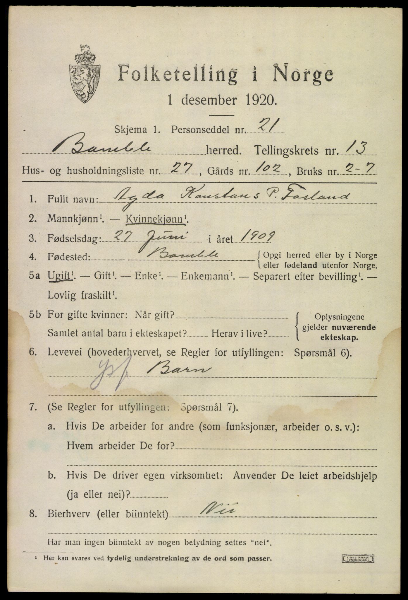 SAKO, 1920 census for Bamble, 1920, p. 9861