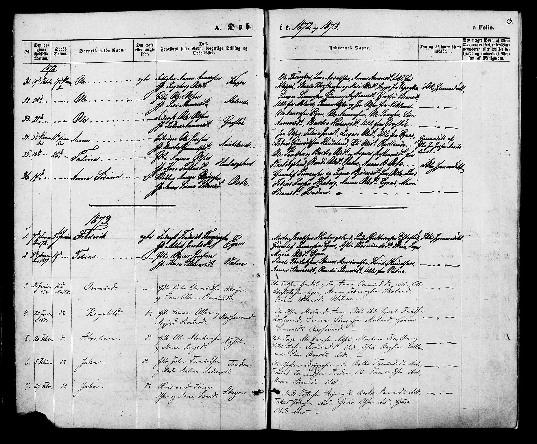 Hægebostad sokneprestkontor, SAK/1111-0024/F/Fa/Fab/L0003: Parish register (official) no. A 3, 1872-1886, p. 3