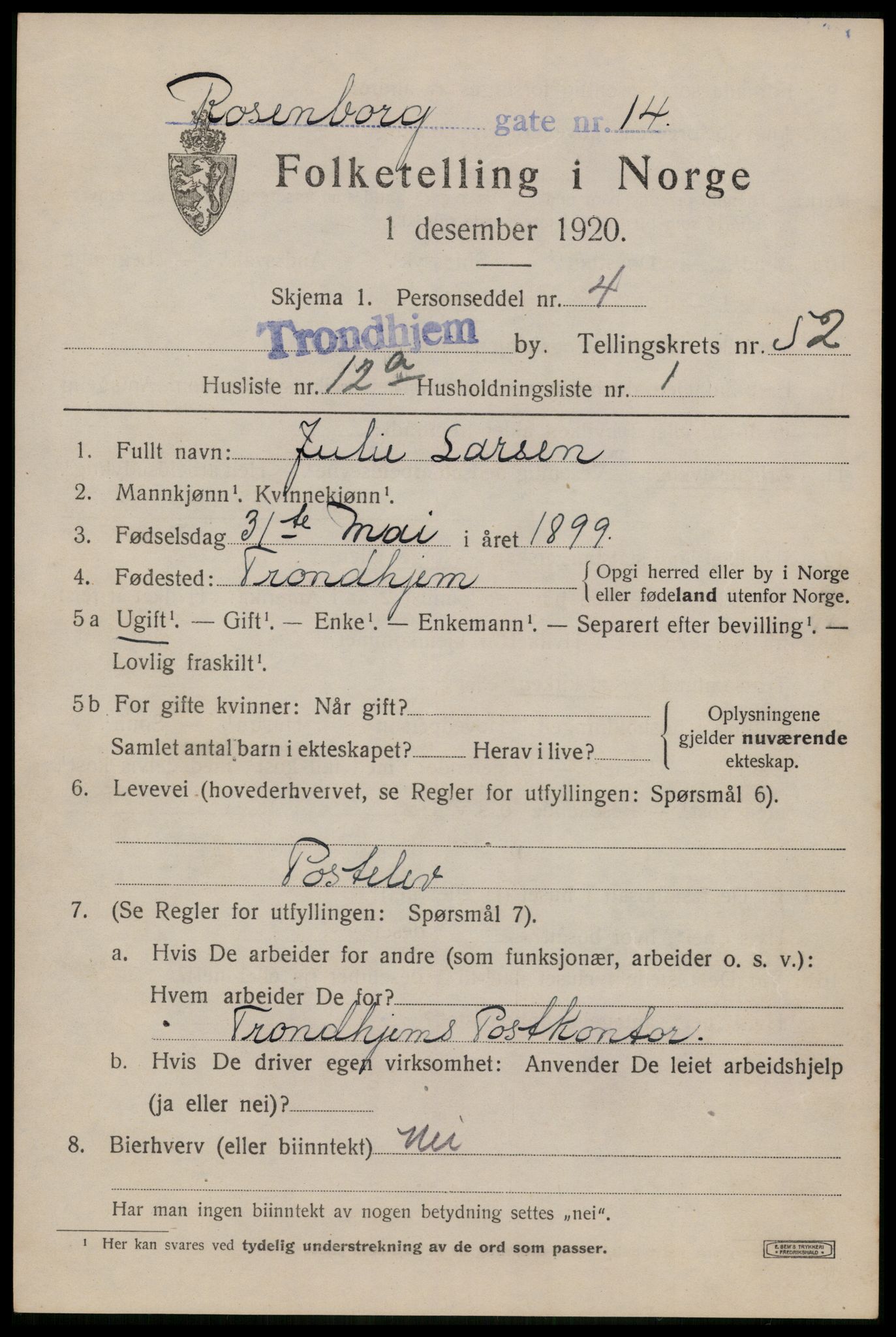 SAT, 1920 census for Trondheim, 1920, p. 106968