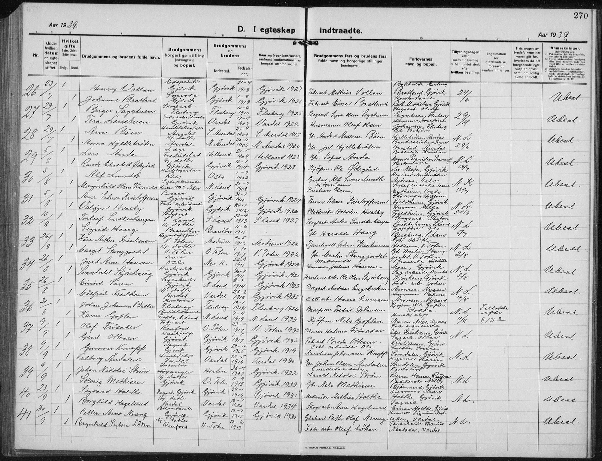 Vardal prestekontor, SAH/PREST-100/H/Ha/Hab/L0017: Parish register (copy) no. 17, 1922-1941, p. 270