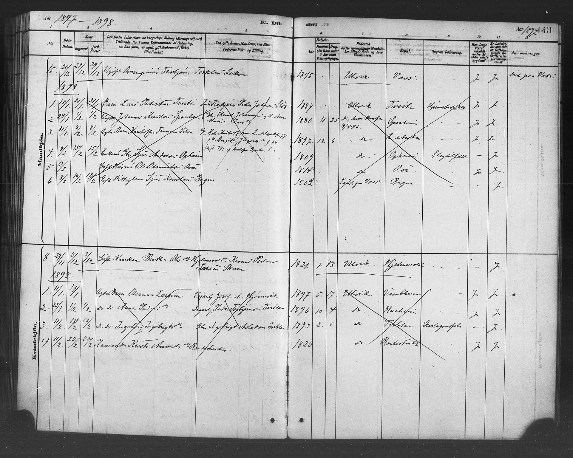 Ulvik sokneprestembete, SAB/A-78801/H/Haa: Parish register (official) no. B 1, 1878-1897, p. 143