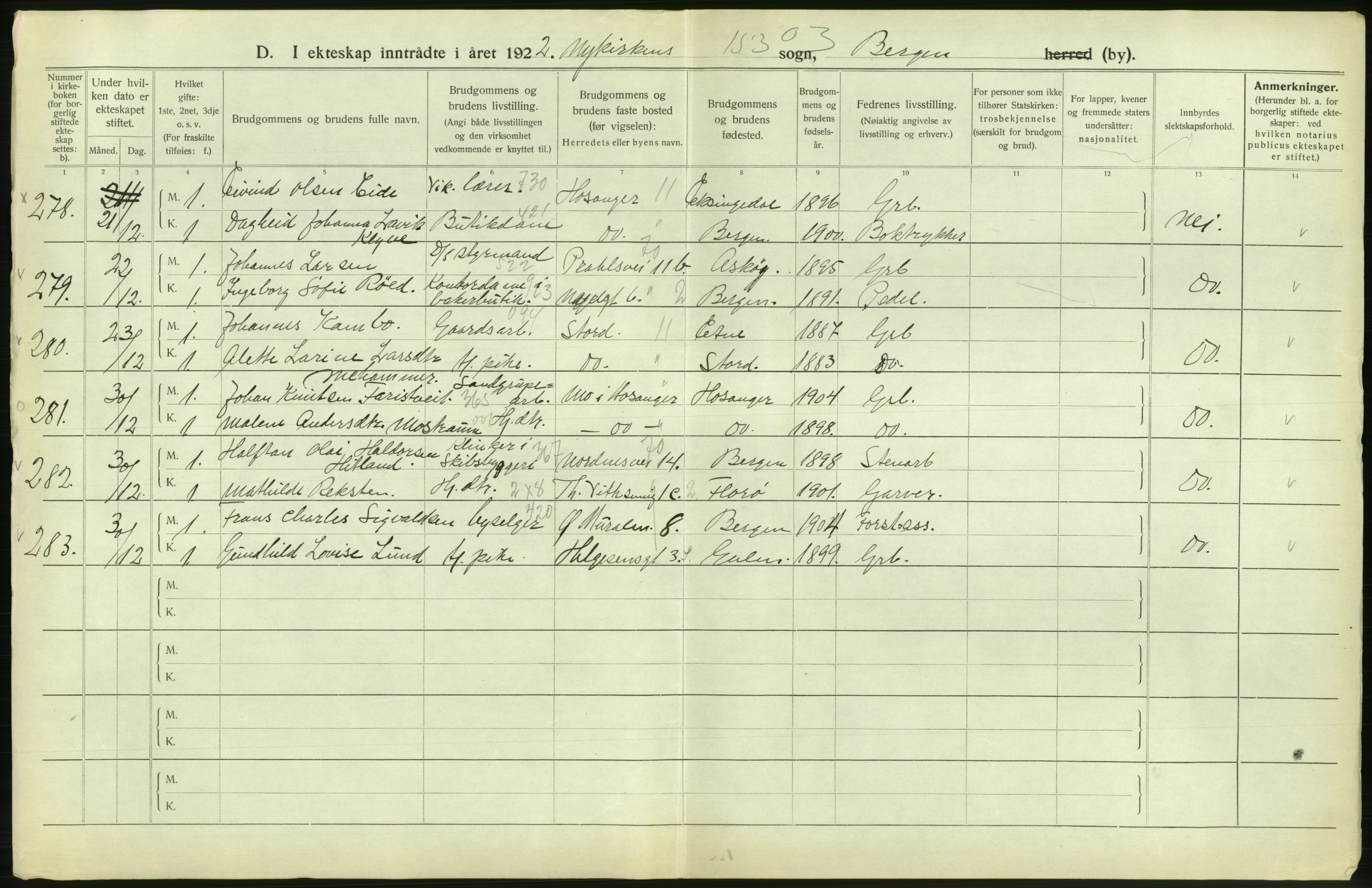 Statistisk sentralbyrå, Sosiodemografiske emner, Befolkning, AV/RA-S-2228/D/Df/Dfc/Dfcb/L0030: Bergen: Gifte, døde, dødfødte., 1922, p. 178