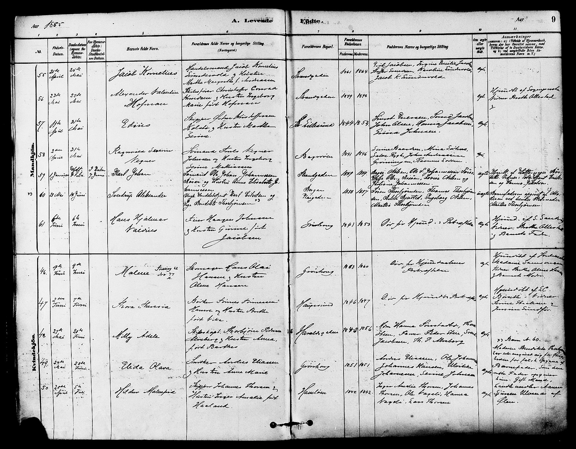 Haugesund sokneprestkontor, AV/SAST-A -101863/H/Ha/Haa/L0003: Parish register (official) no. A 3, 1885-1890, p. 9