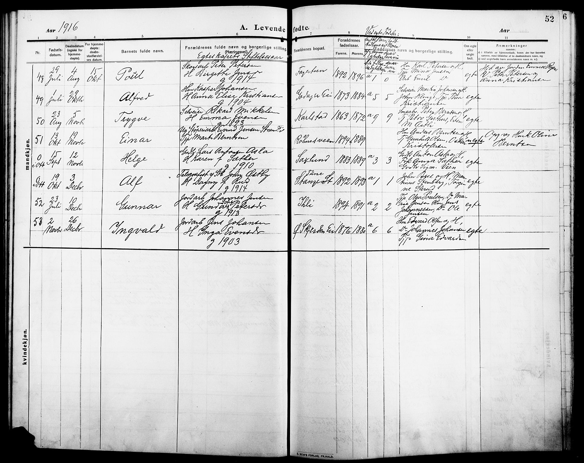 Stange prestekontor, AV/SAH-PREST-002/L/L0014: Parish register (copy) no. 14, 1909-1917, p. 52