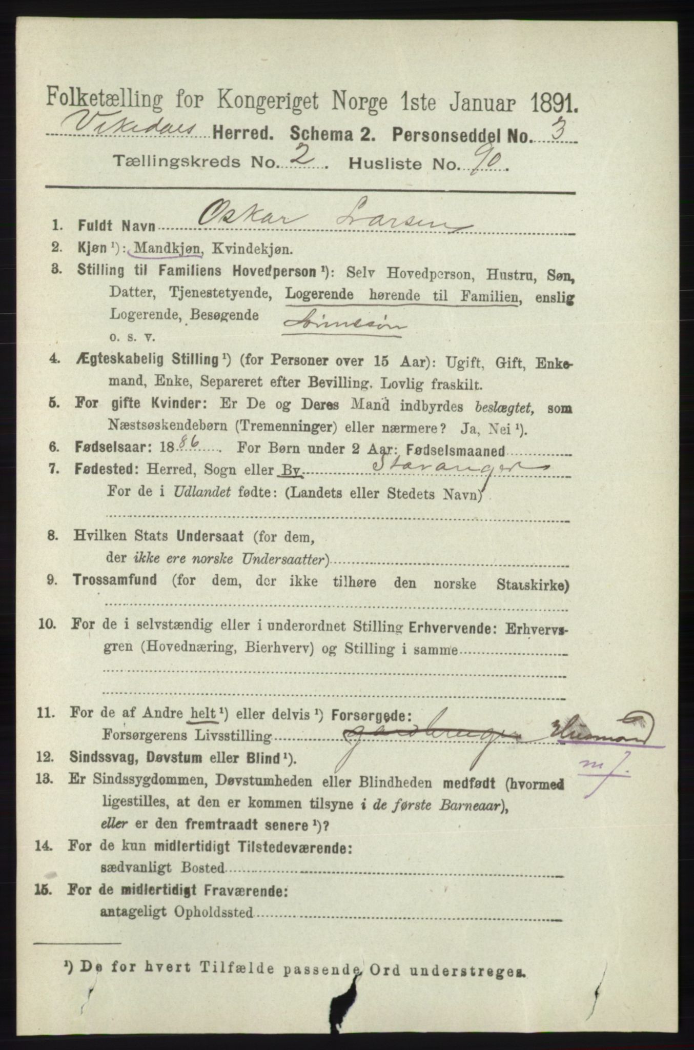 RA, 1891 census for 1157 Vikedal, 1891, p. 673