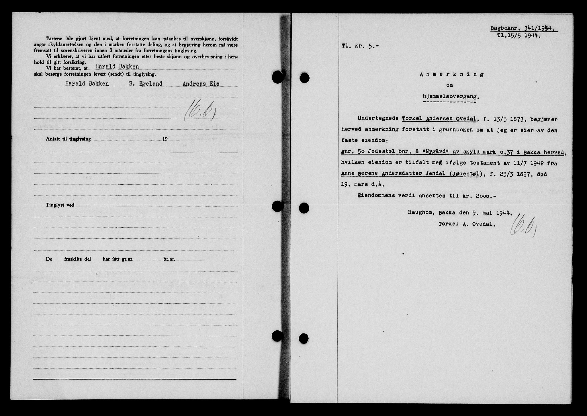 Flekkefjord sorenskriveri, SAK/1221-0001/G/Gb/Gba/L0059: Mortgage book no. A-7, 1944-1945, Diary no: : 341/1944
