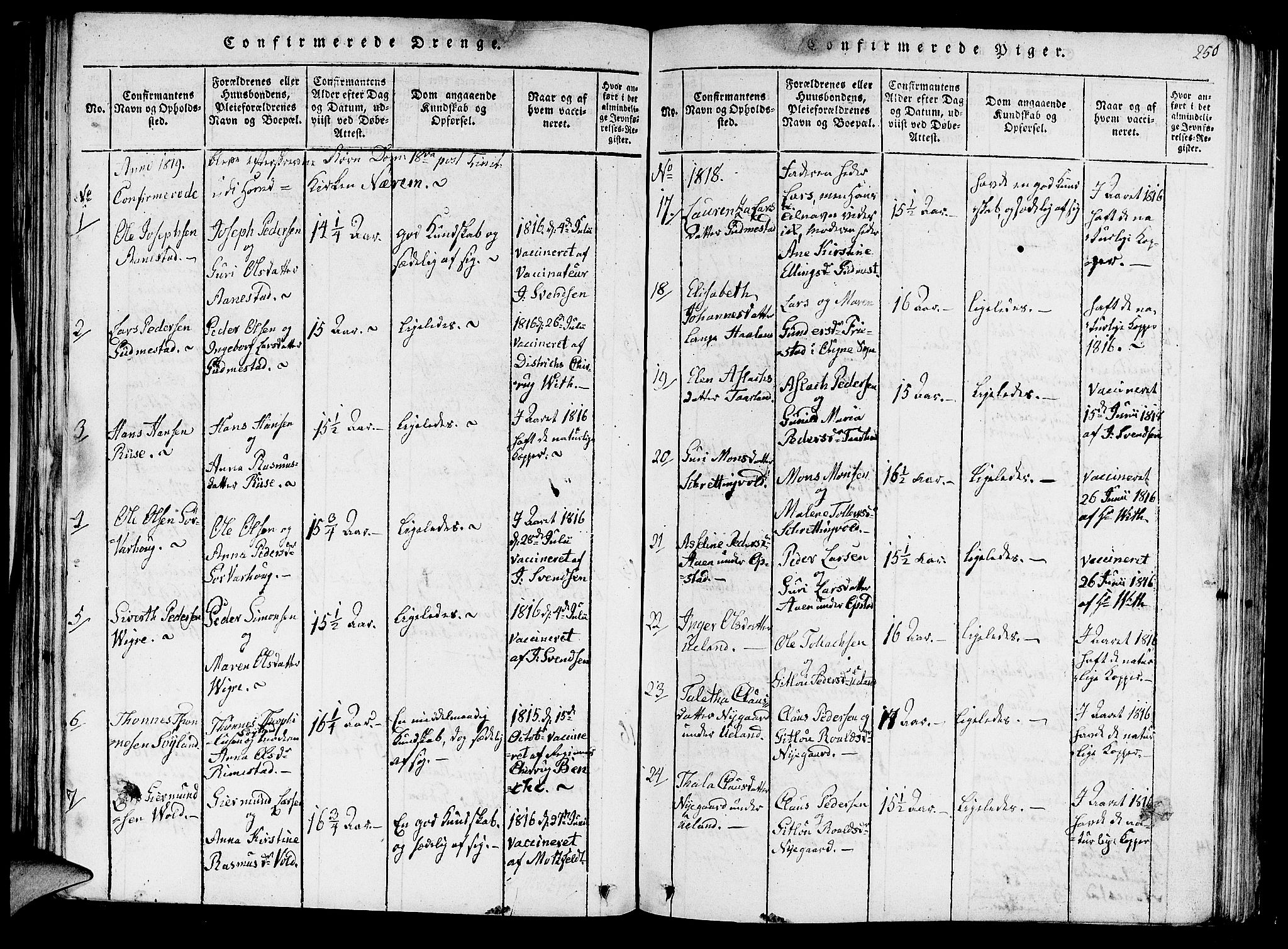 Hå sokneprestkontor, SAST/A-101801/001/30BA/L0003: Parish register (official) no. A 3, 1815-1825, p. 250
