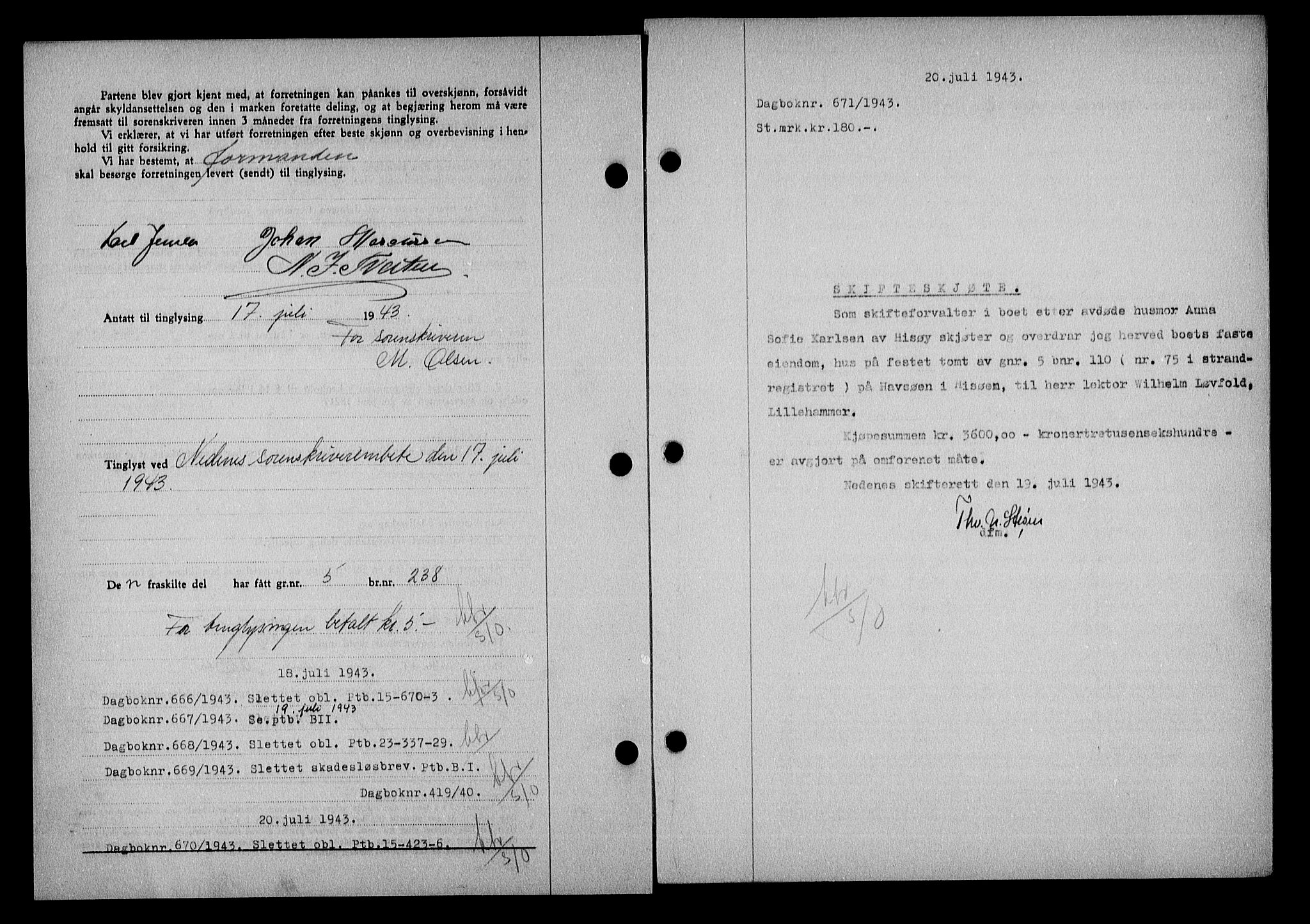 Nedenes sorenskriveri, SAK/1221-0006/G/Gb/Gba/L0050: Mortgage book no. A-IV, 1942-1943, Diary no: : 671/1943