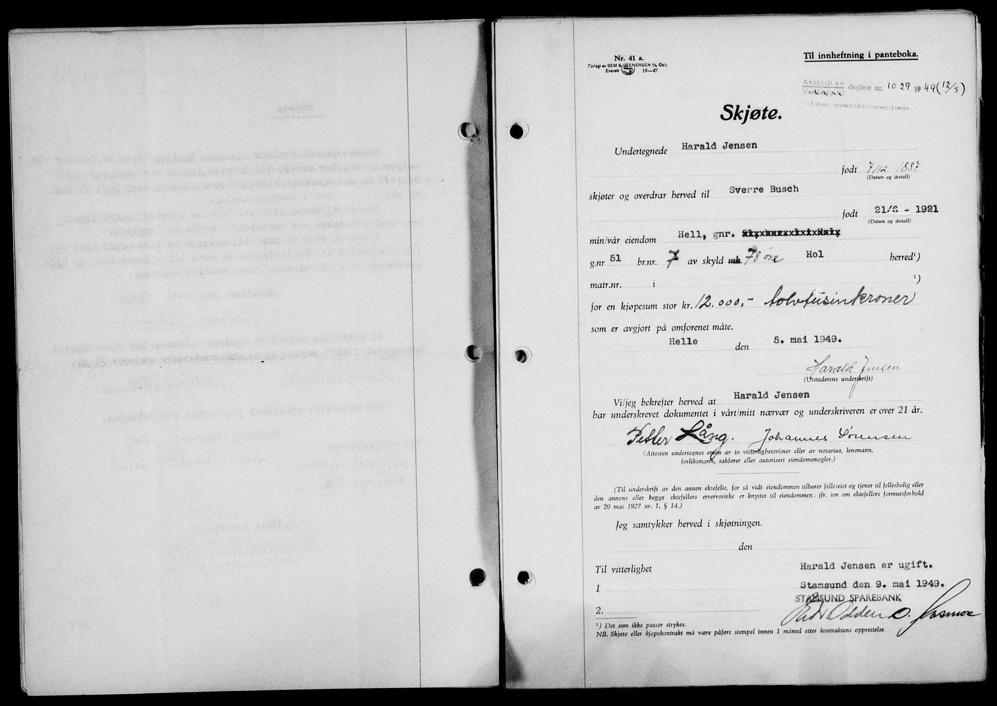 Lofoten sorenskriveri, SAT/A-0017/1/2/2C/L0020a: Mortgage book no. 20a, 1948-1949, Diary no: : 1029/1949