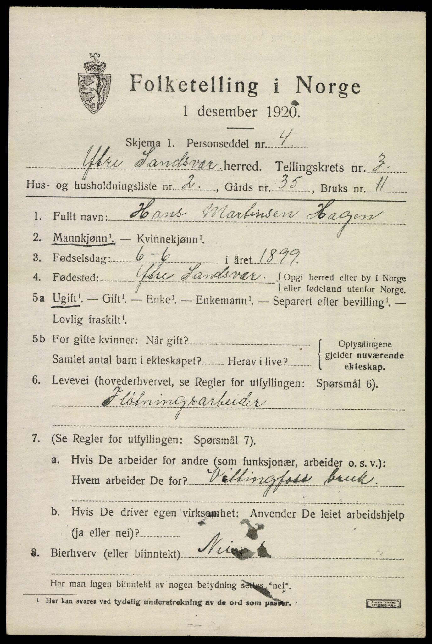 SAKO, 1920 census for Ytre Sandsvær, 1920, p. 3710