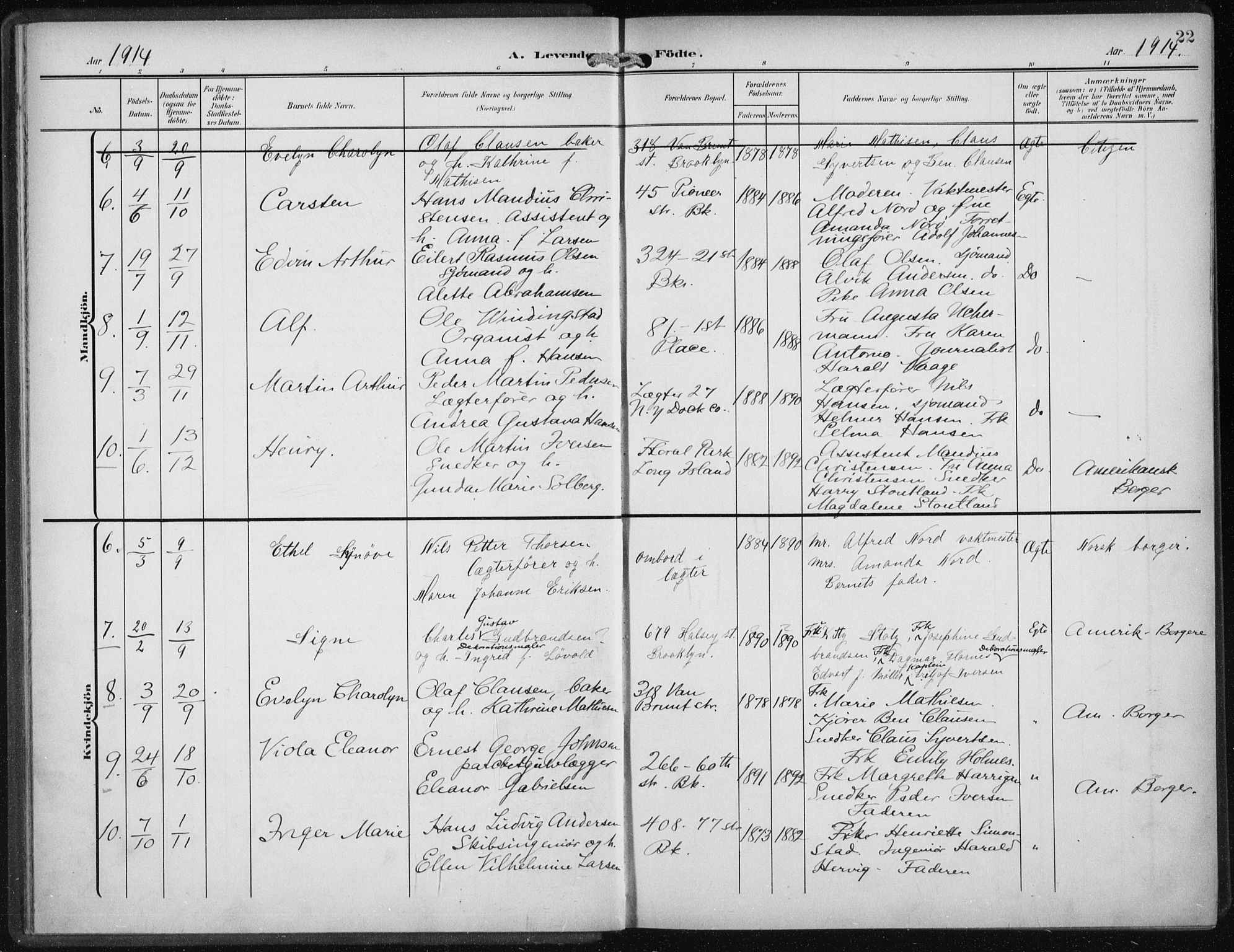 Den norske sjømannsmisjon i utlandet/New York, SAB/SAB/PA-0110/H/Ha/L0006: Parish register (official) no. A 6, 1909-1914, p. 22