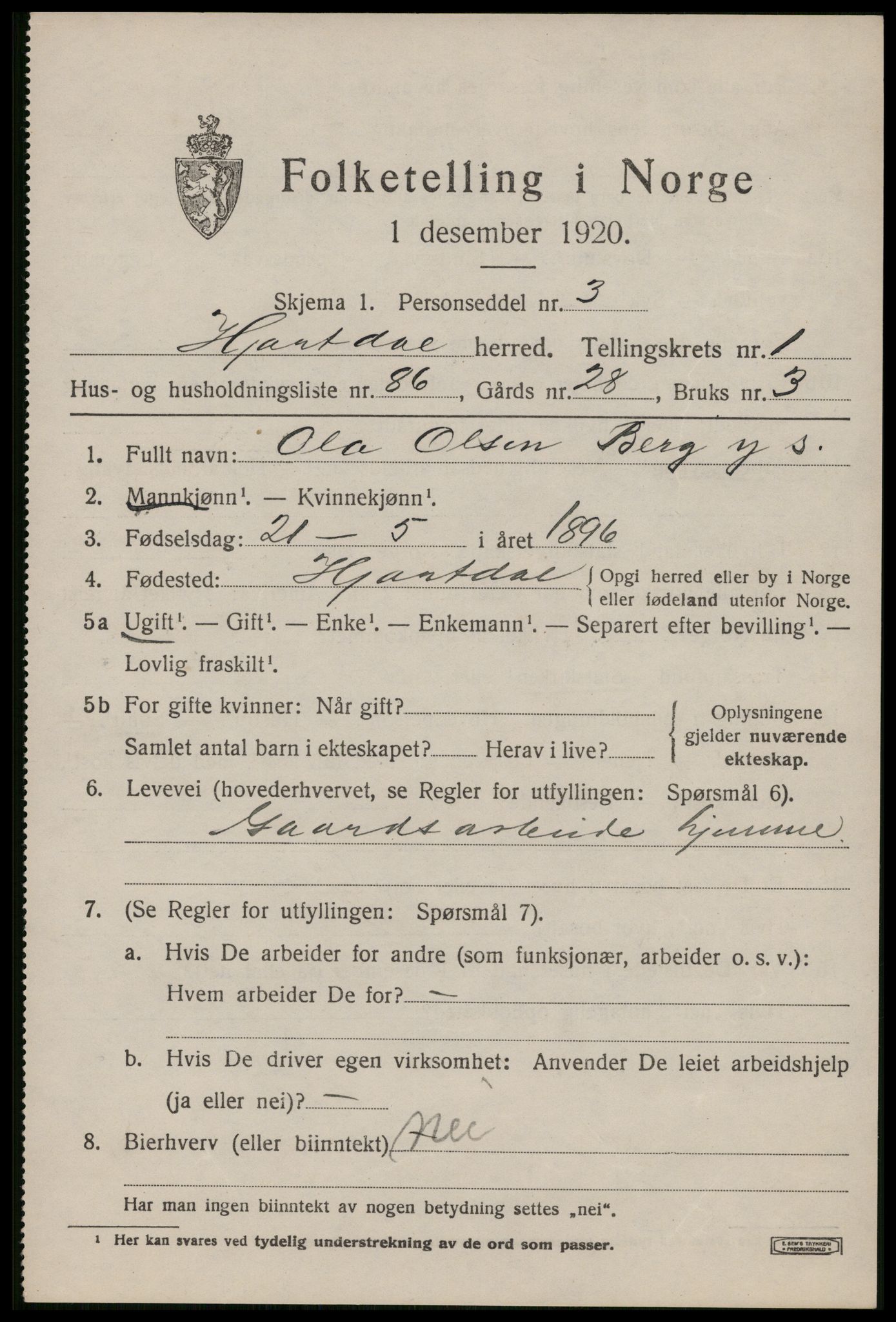 SAKO, 1920 census for Hjartdal, 1920, p. 1820