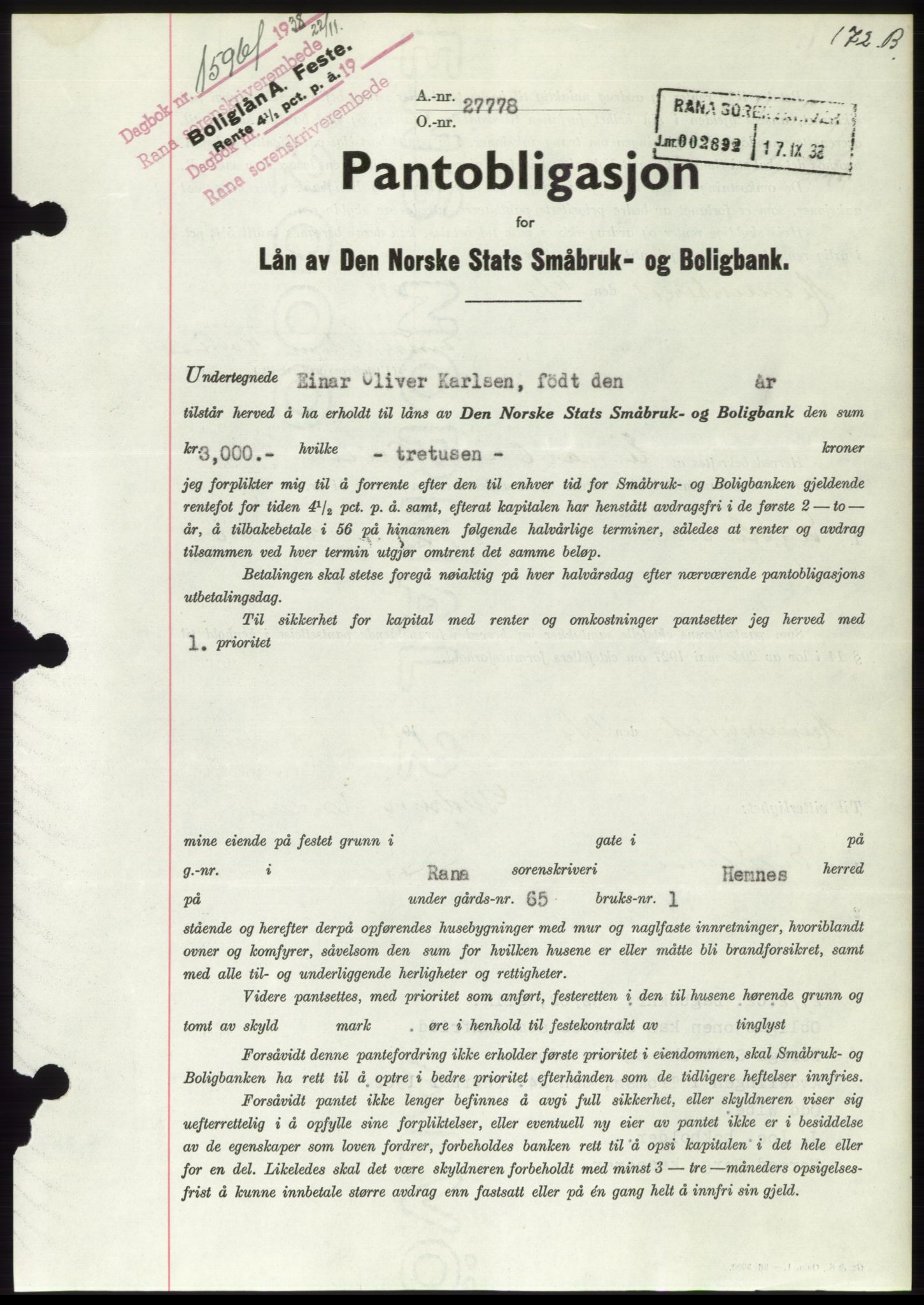 Rana sorenskriveri , AV/SAT-A-1108/1/2/2C: Mortgage book no. B, 1936-1950, Diary no: : 1596/1938