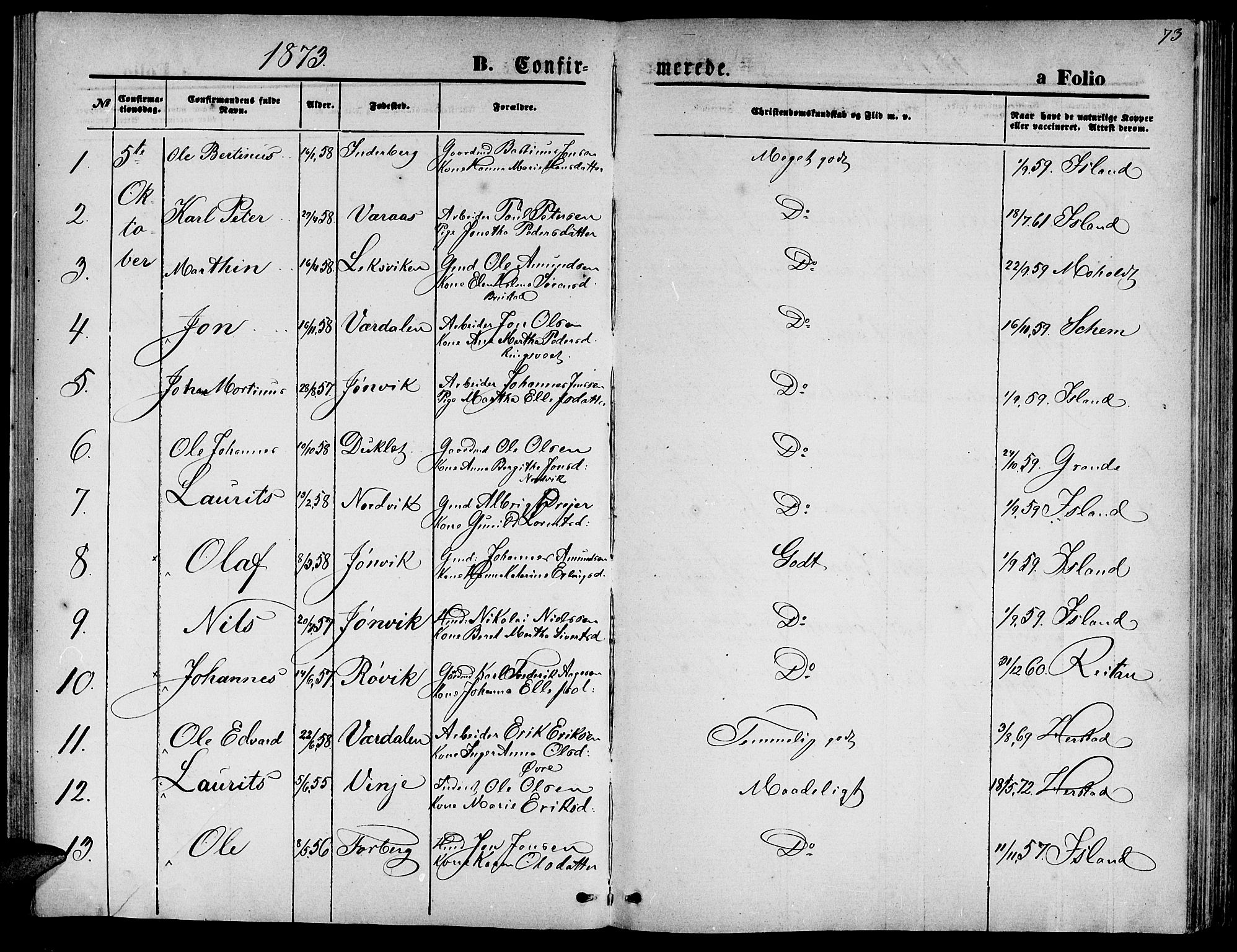 Ministerialprotokoller, klokkerbøker og fødselsregistre - Nord-Trøndelag, AV/SAT-A-1458/722/L0225: Parish register (copy) no. 722C01, 1871-1888, p. 73