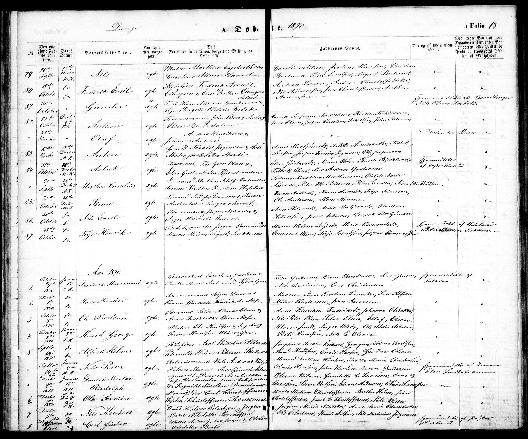 Tromøy sokneprestkontor, SAK/1111-0041/F/Fb/L0004: Parish register (copy) no. B 4, 1869-1877, p. 13
