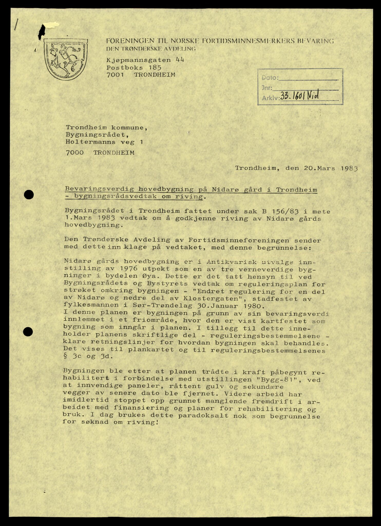 Fortidsminneforeningen, Den trønderske avdeling, AV/SAT-PA-0592/D/Da/L0035: Sakarkiv etter nøkkel, p. 159